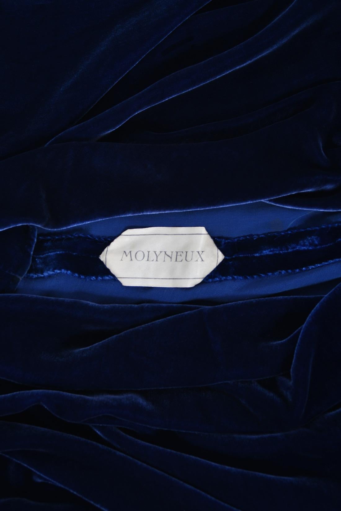 Robe asymétrique haute couture Molyneux des années 1930 en velours de soie bleu saphir coupée en biais en vente 14