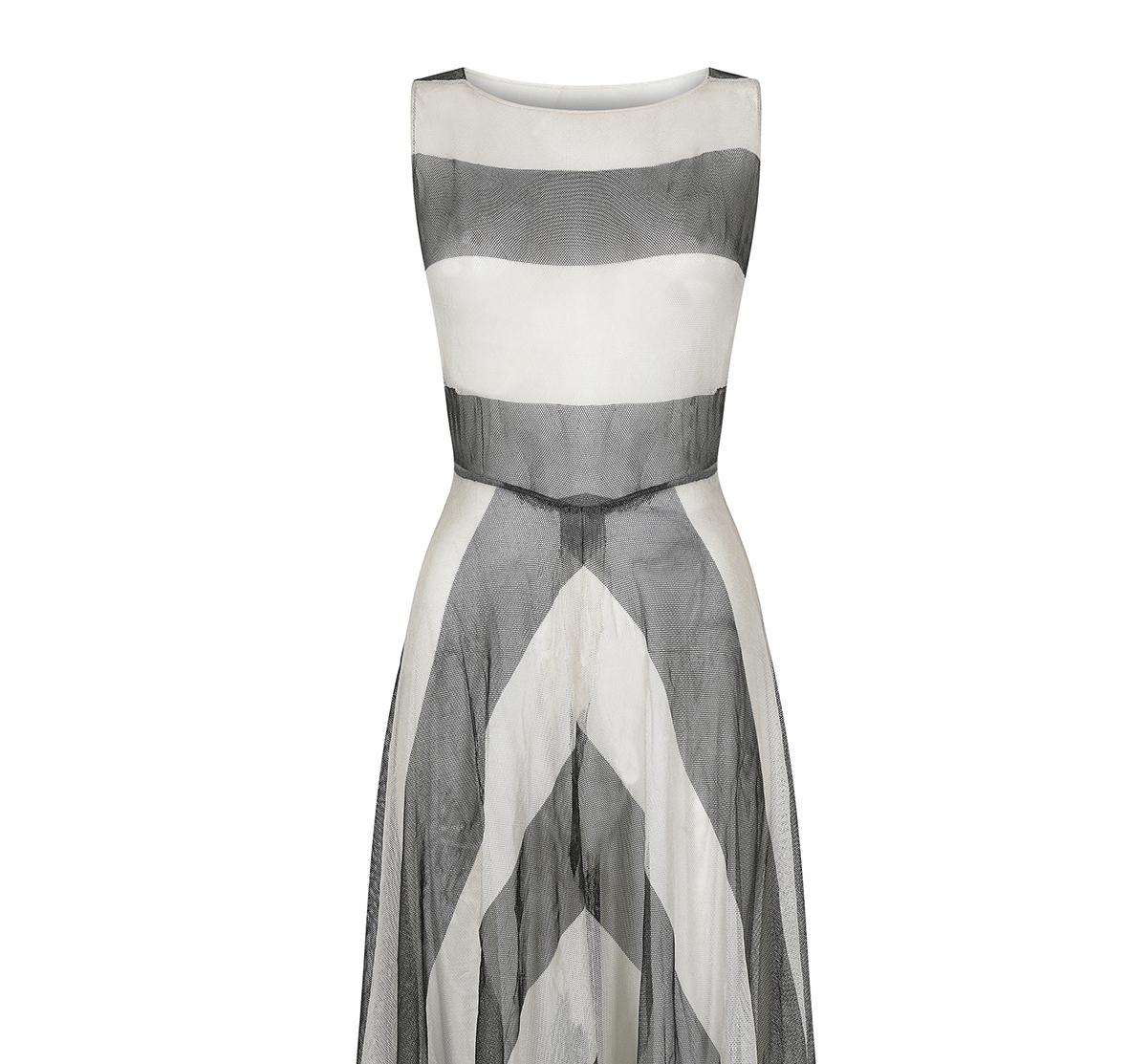 Gray 1930s Monochrome Chevron Pattern Tulle Dress For Sale