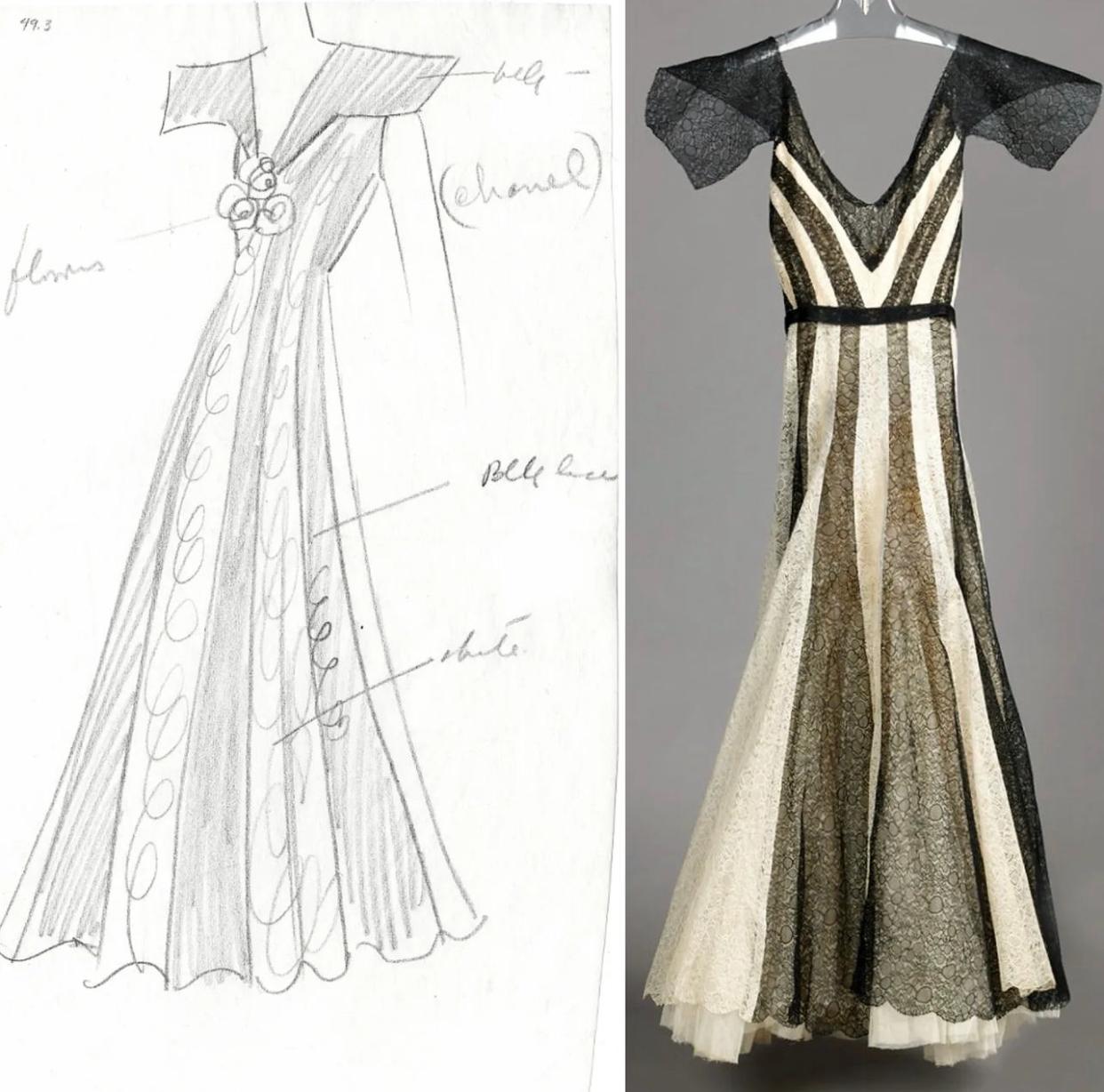 1930s Monochrome Chevron Pattern Tulle Dress For Sale 5