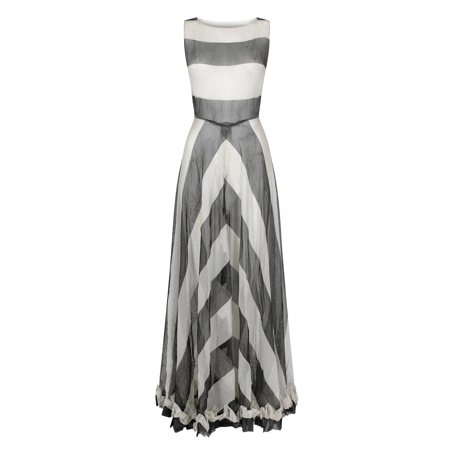 1930s Monochrome Chevron Pattern Tulle Dress For Sale
