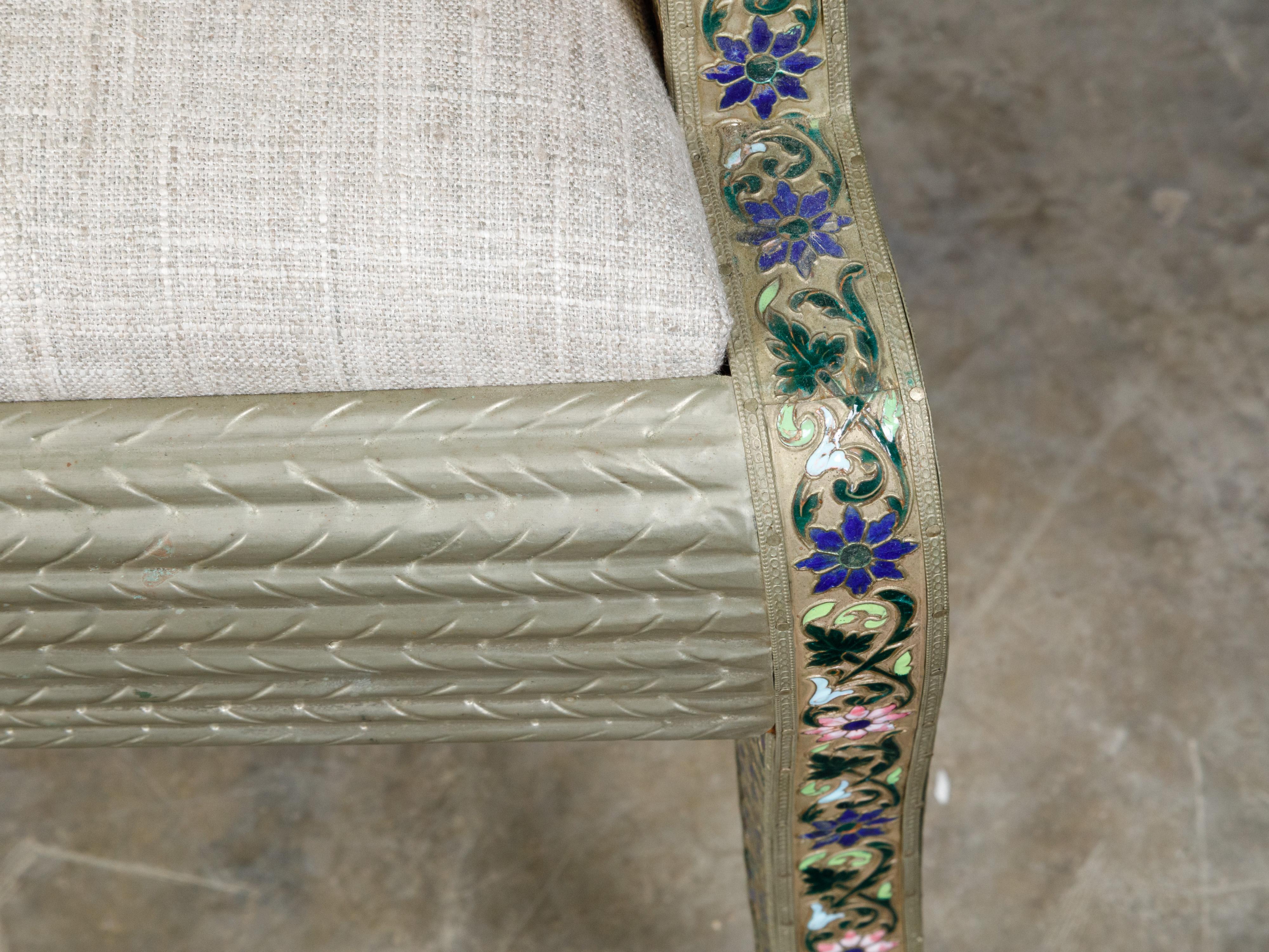 1930s Moroccan Metal Upholstered Settee with Enamel Décor and Rams' Heads For Sale 7