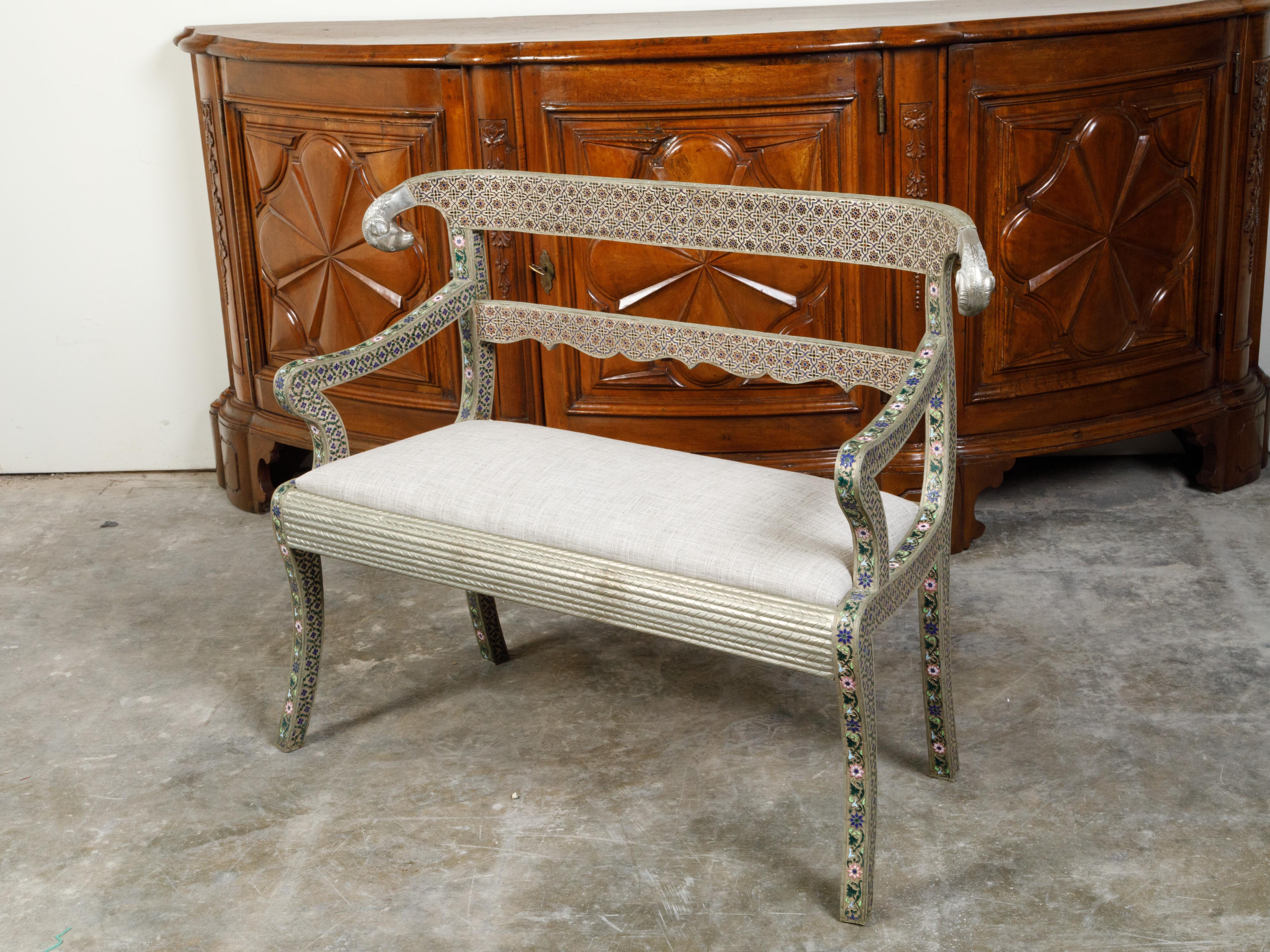 Enameled 1930s Moroccan Metal Upholstered Settee with Enamel Décor and Rams' Heads For Sale