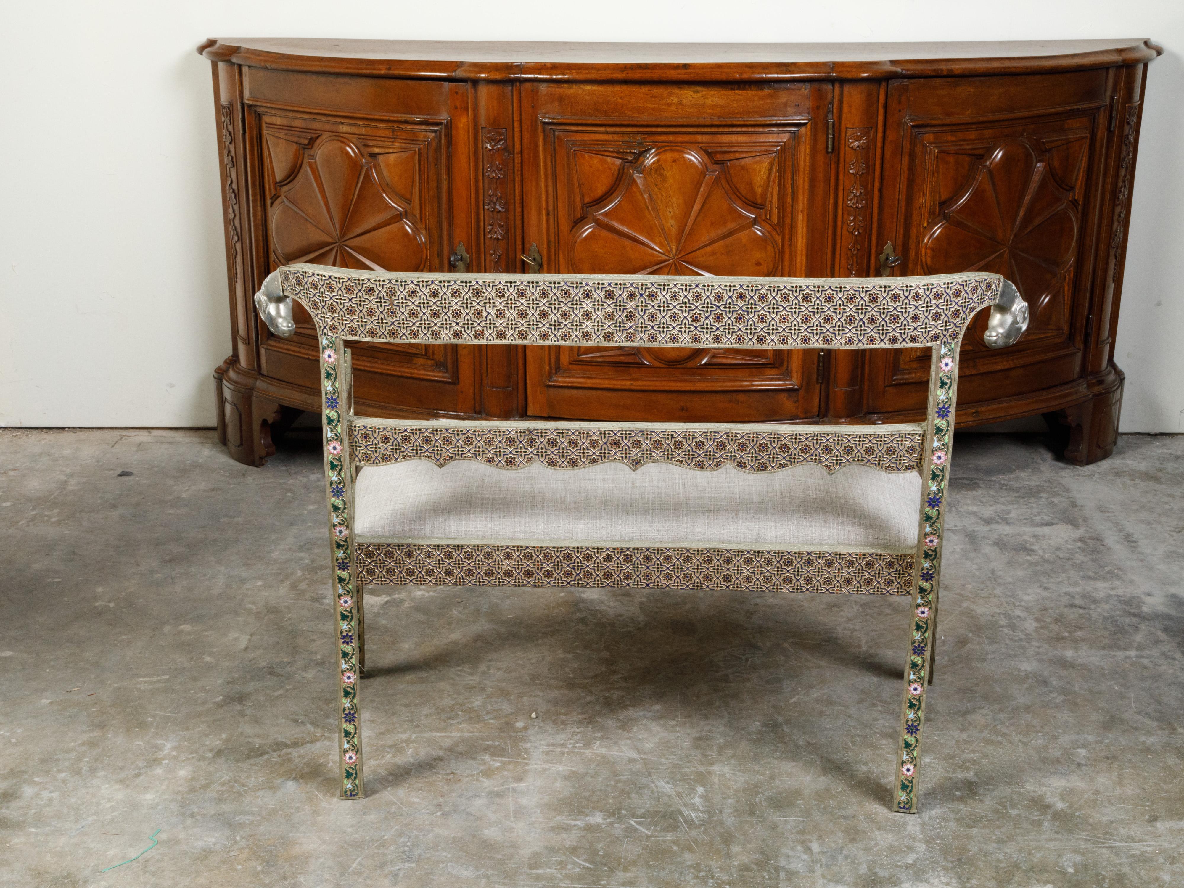 20th Century 1930s Moroccan Metal Upholstered Settee with Enamel Décor and Rams' Heads For Sale