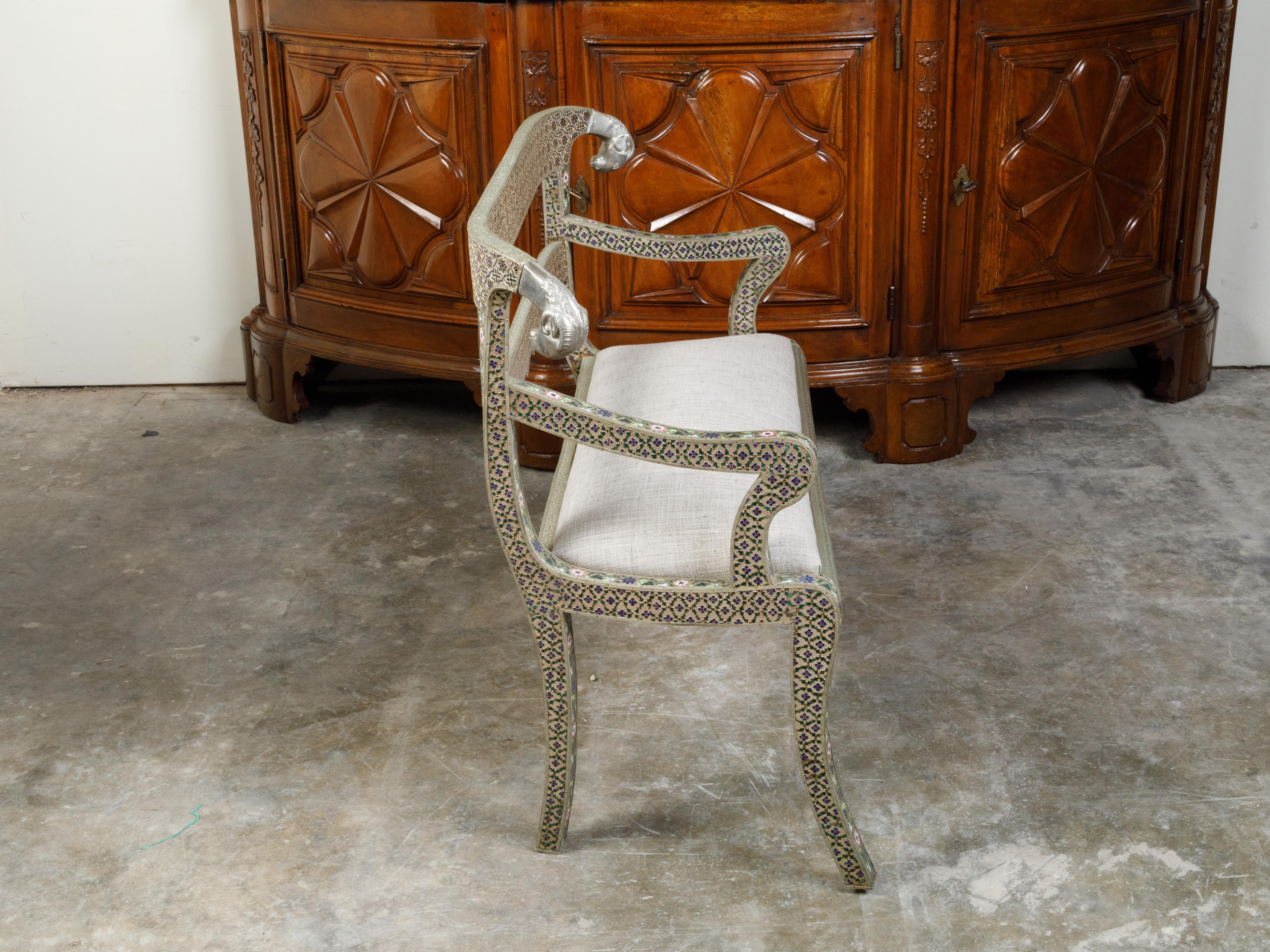 1930s Moroccan Metal Upholstered Settee with Enamel Décor and Rams' Heads For Sale 1