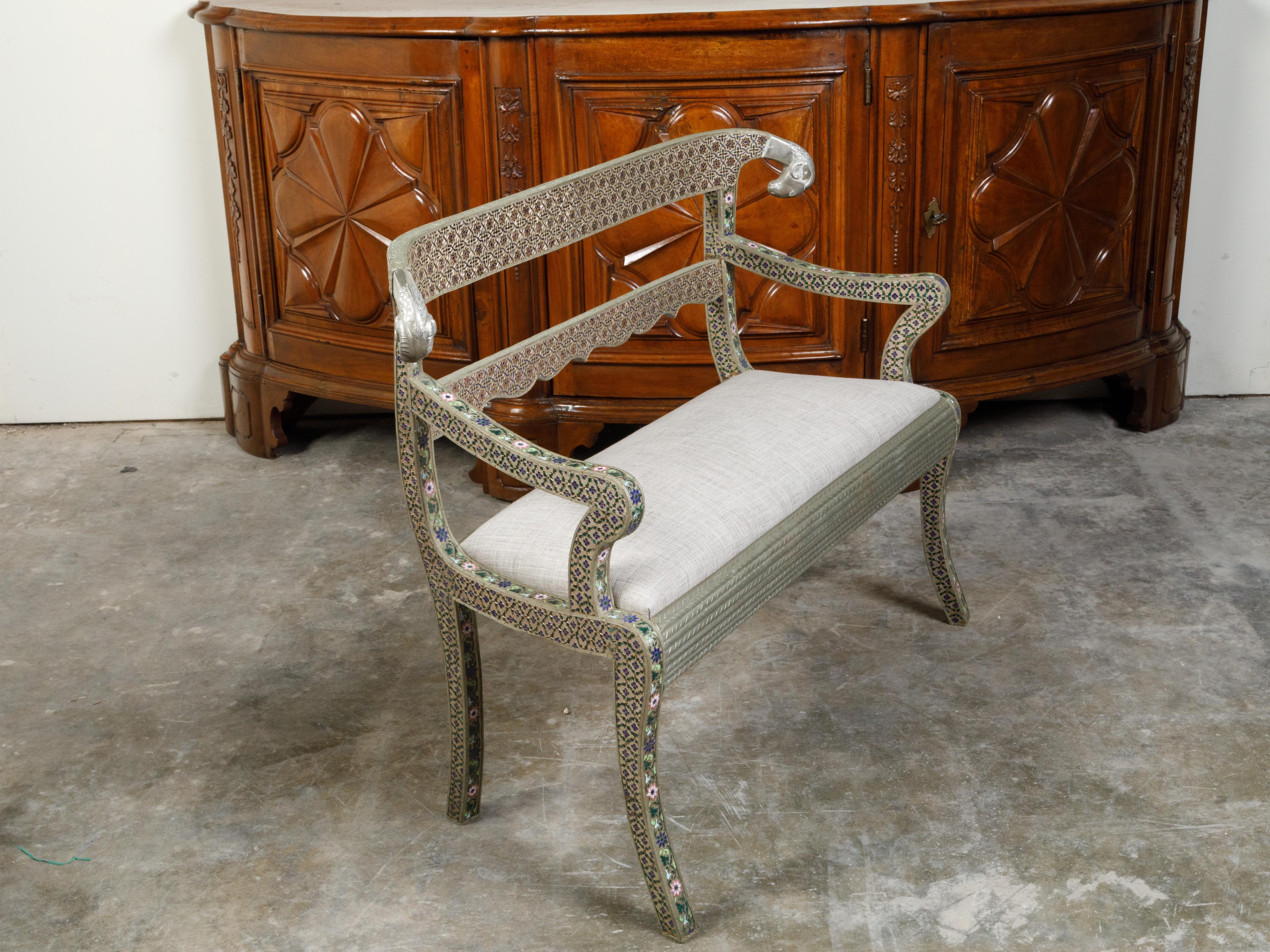 1930s Moroccan Metal Upholstered Settee with Enamel Décor and Rams' Heads For Sale 2
