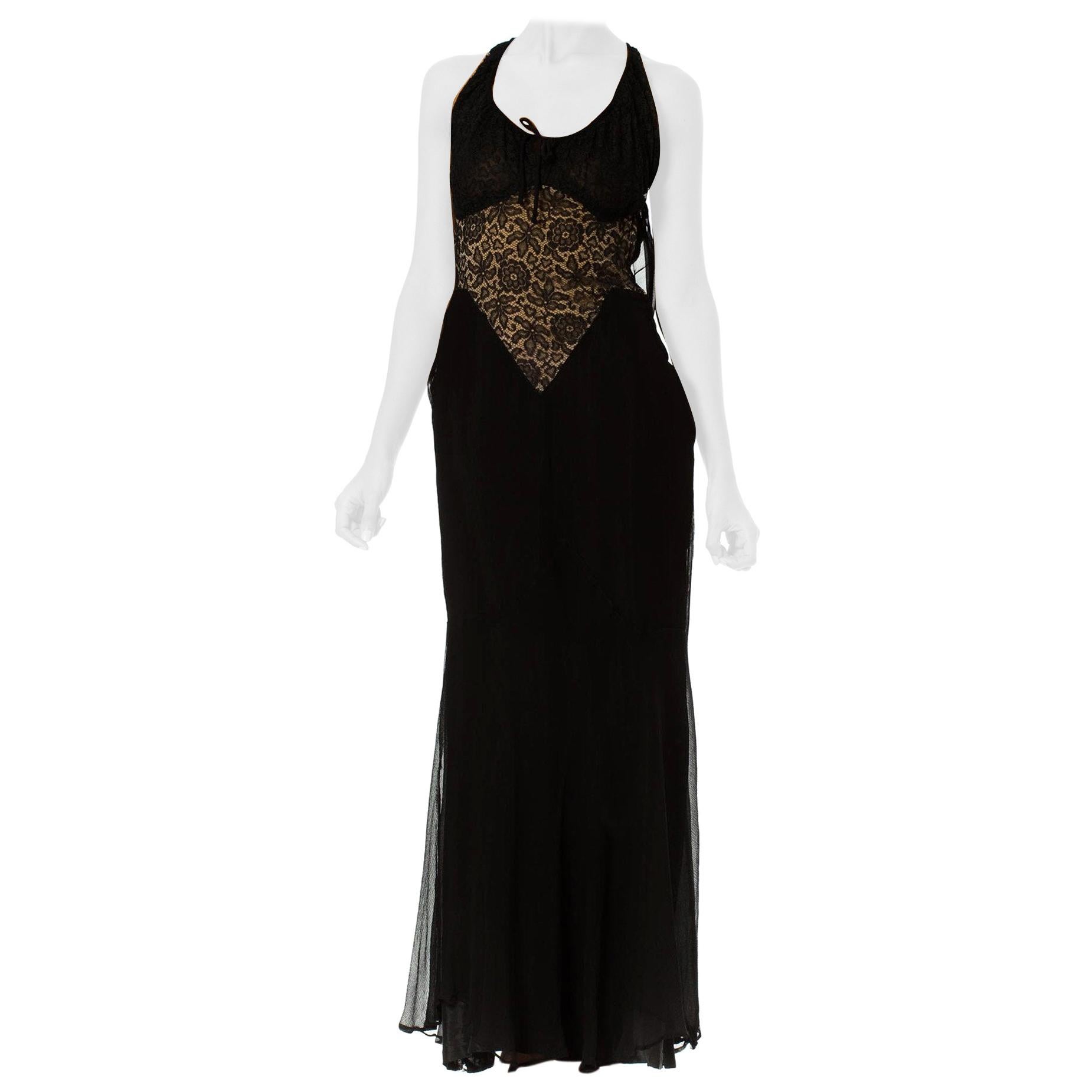 MORPHEW COLLECTION Black Sheer Silk Chiffon & 1930S Lace Backless Gown For Sale