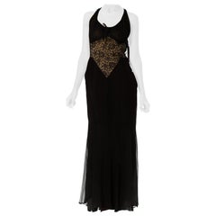 MORPHEW COLLECTION Black Sheer Silk Chiffon & 1930S Lace Backless Gown