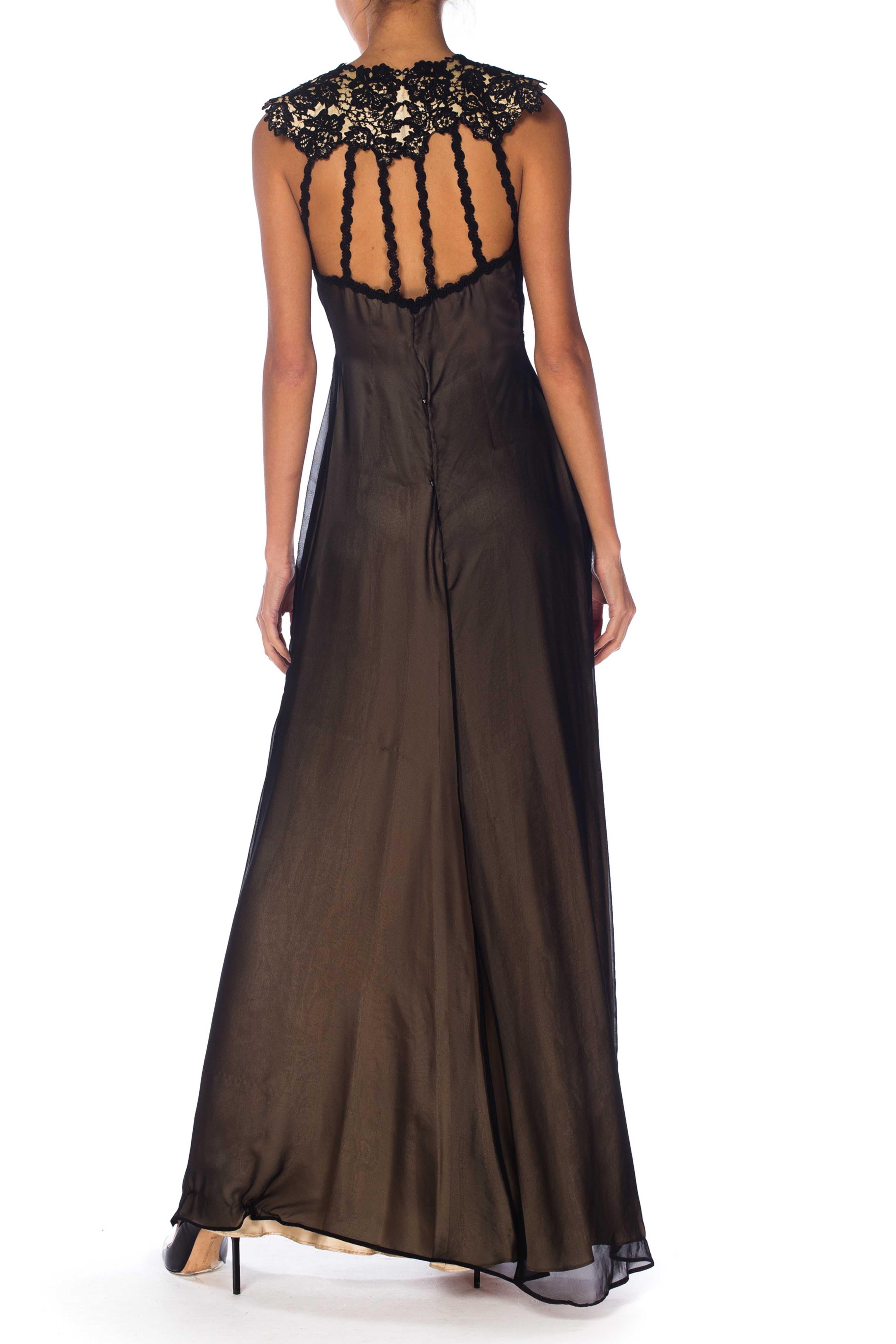 Women's MORPHEW COLLECTION Black Silk & Poly Chiffon Gown With A Victorian Lace Collar For Sale