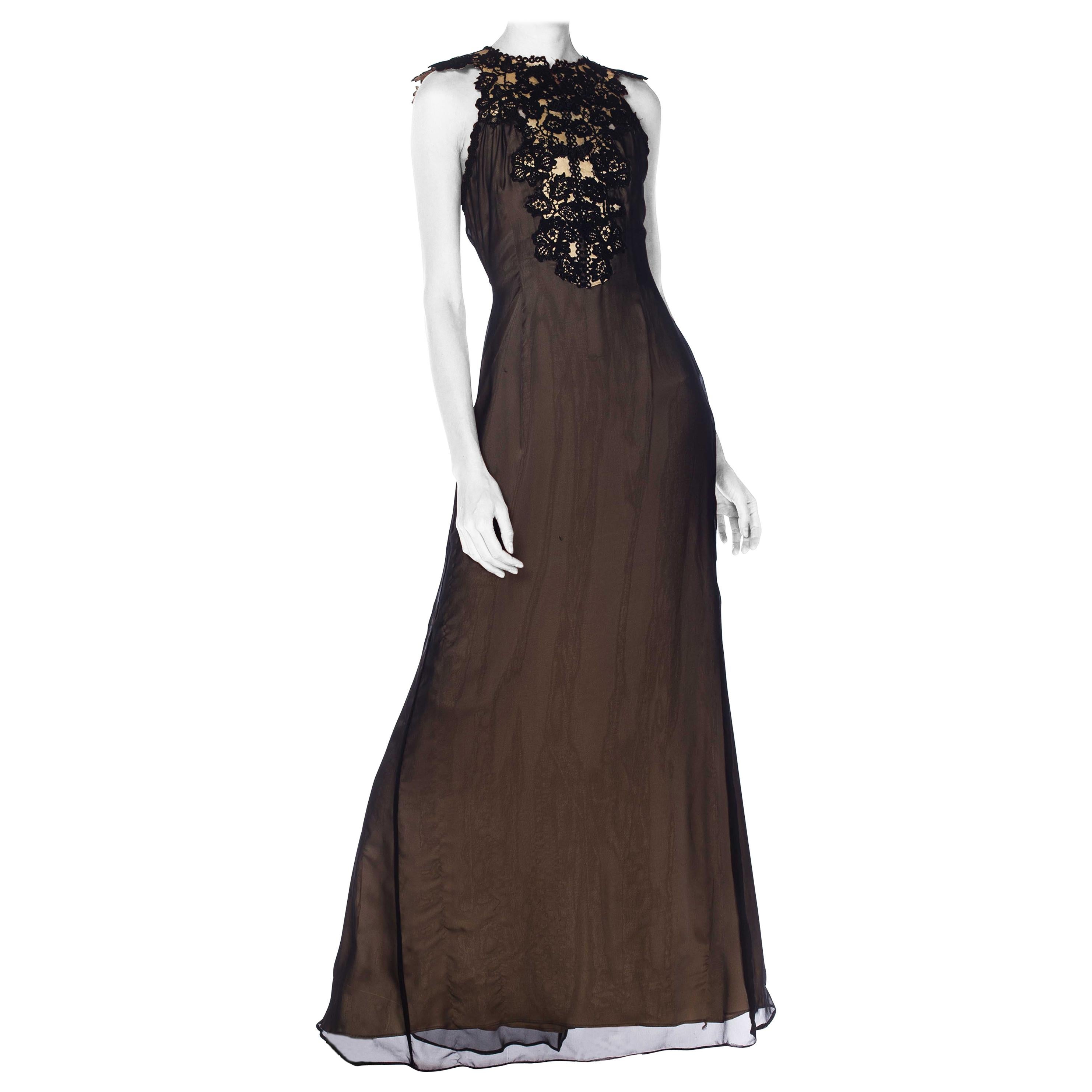MORPHEW COLLECTION Black Silk & Poly Chiffon Gown With A Victorian Lace Collar For Sale