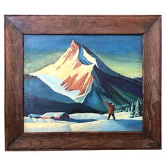 1930
s Mountain Snow Scene Painting in the style of Rockwell Kent
