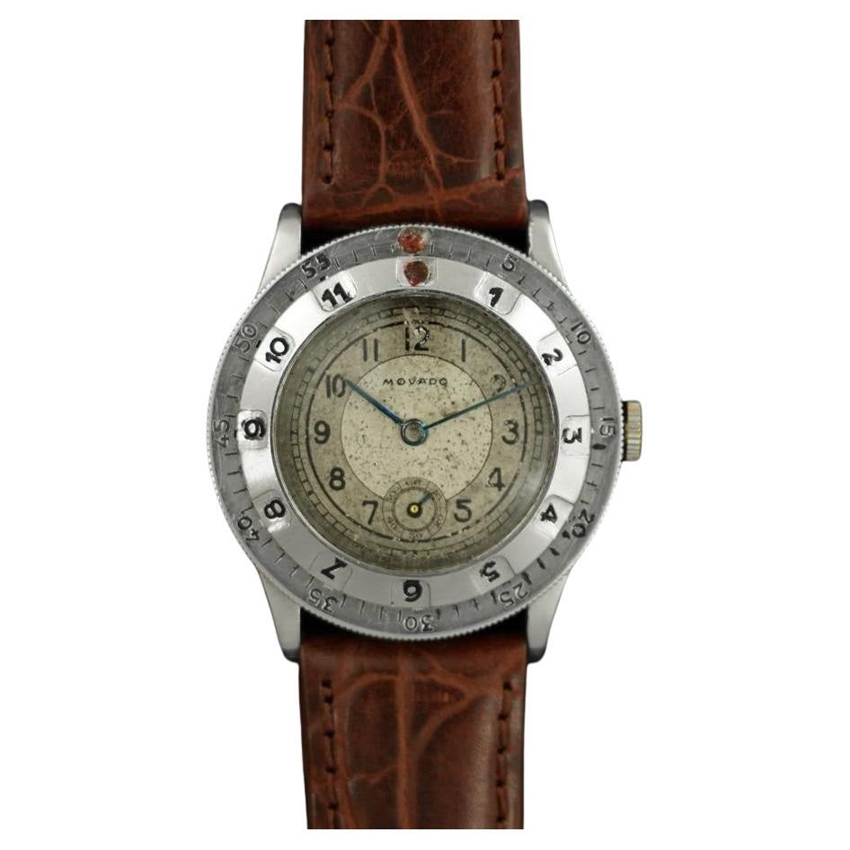 1930's Movado Vintage Mens Stainless Steel Elapsed Time Pilots Watch For Sale