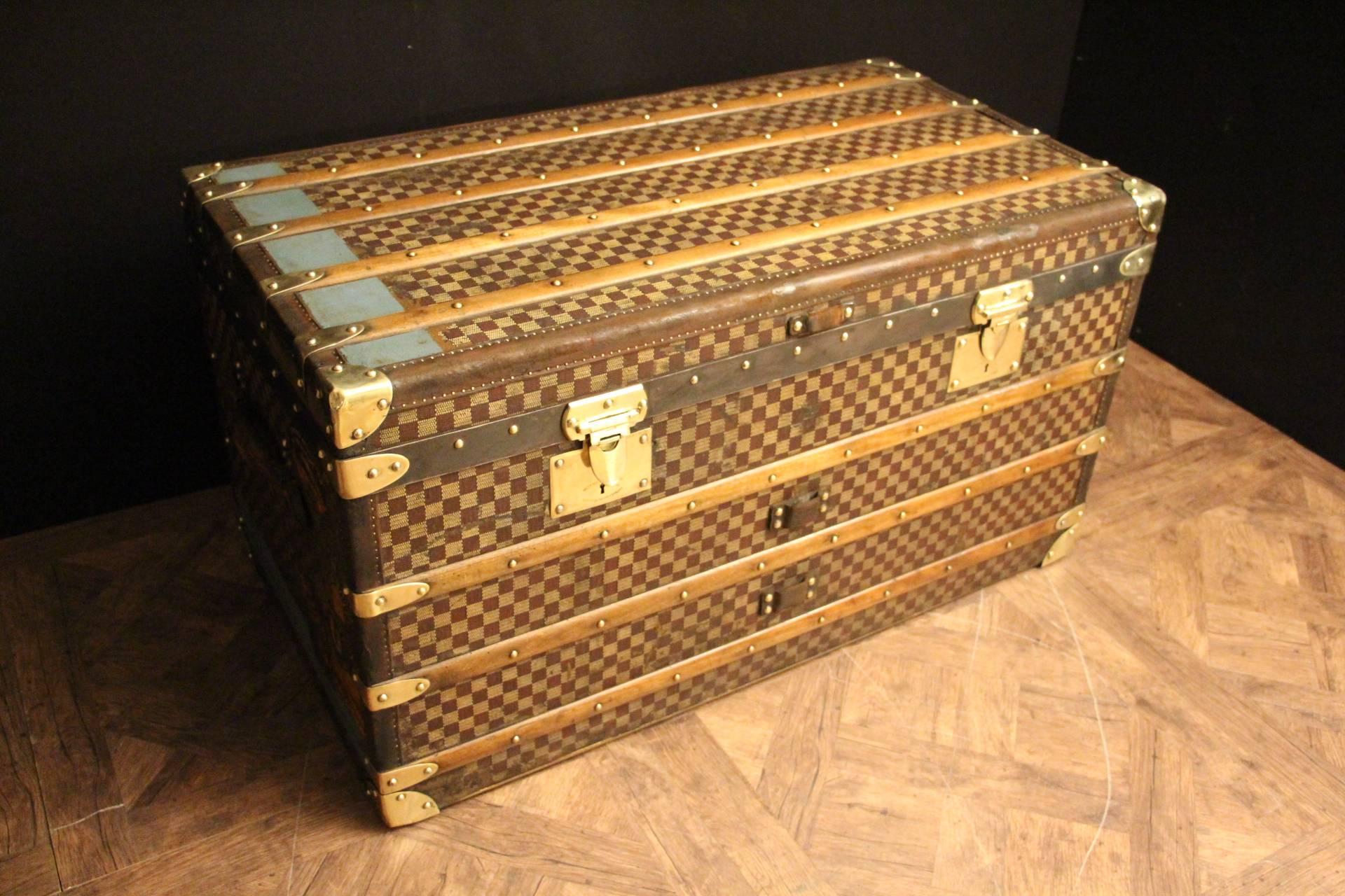 Brass 1930s Moynat Checkers Canvas Steamer Trunk