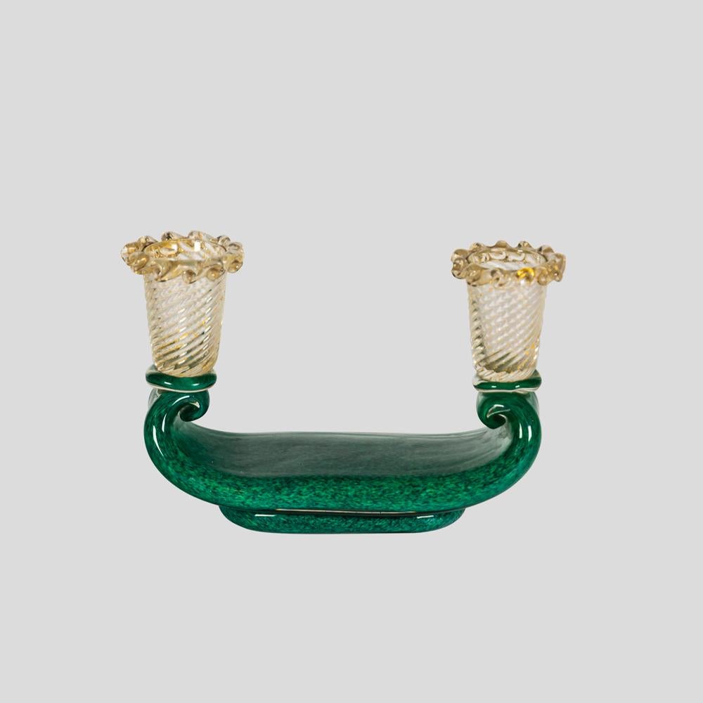 Mid-Century Modern 1930s Murano Glass Clear Gold and Moss Green Barovier and Toso Candle Holder