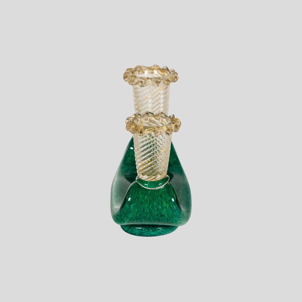 Italian 1930s Murano Glass Clear Gold and Moss Green Barovier and Toso Candle Holder