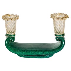 1930s Murano Glass Clear Gold and Moss Green Barovier and Toso Candle Holder