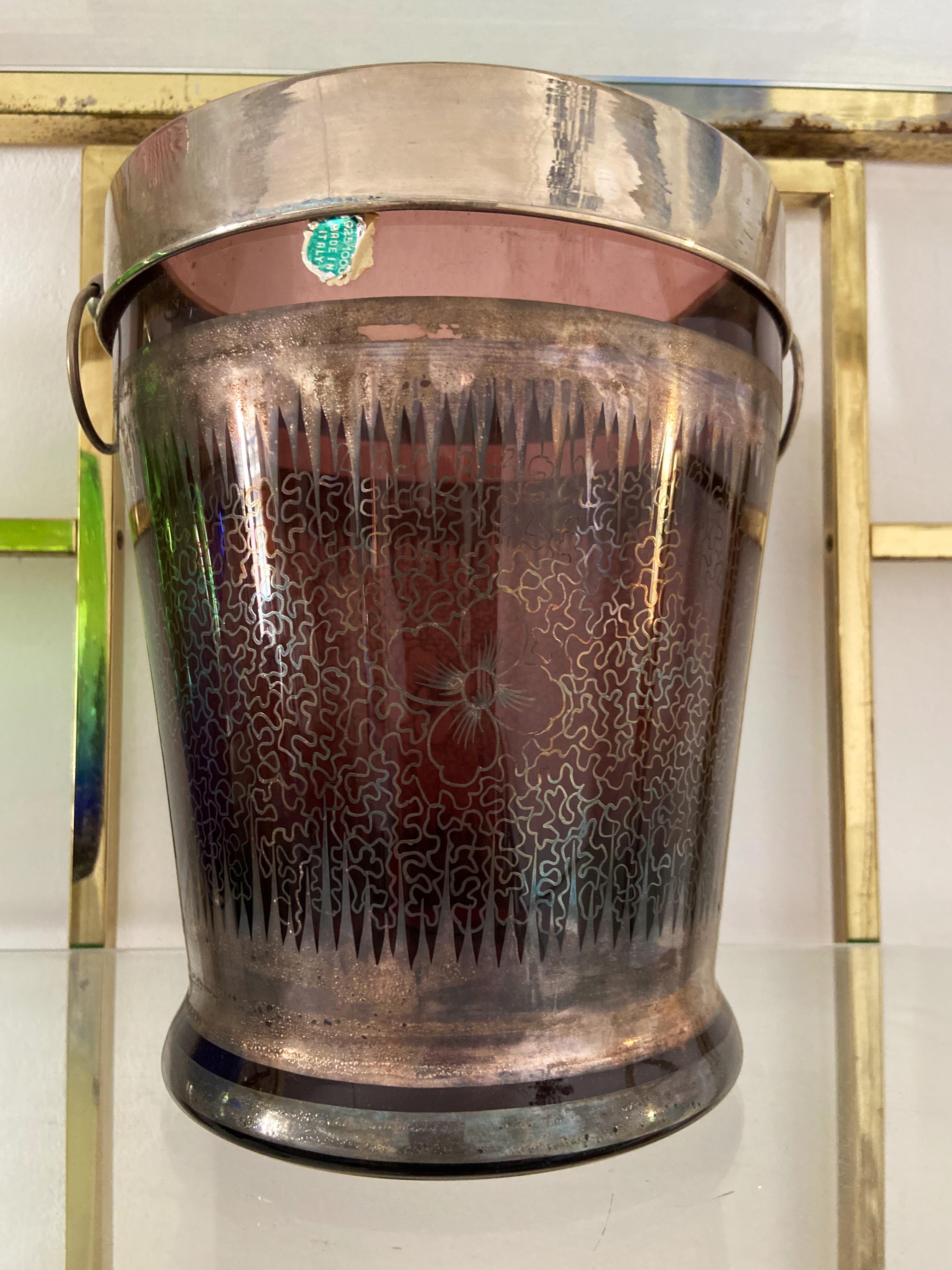 1930s Murano Glass wine cooler in Deep Purple with Hand-Painted 925 Silver For Sale 4