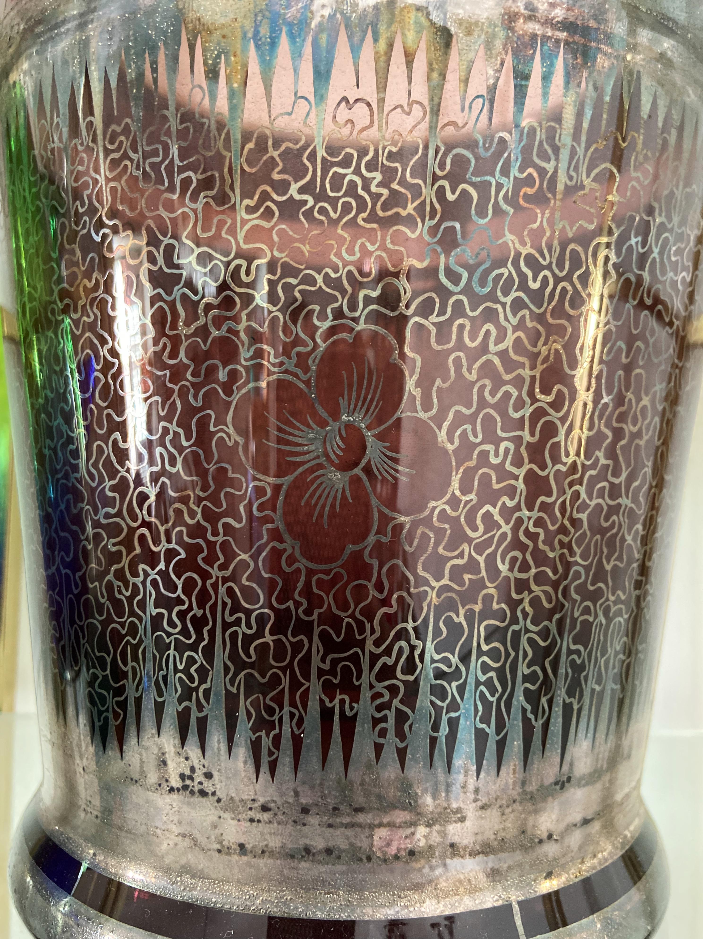 Mid-Century Modern 1930s Murano Glass wine cooler in Deep Purple with Hand-Painted 925 Silver For Sale