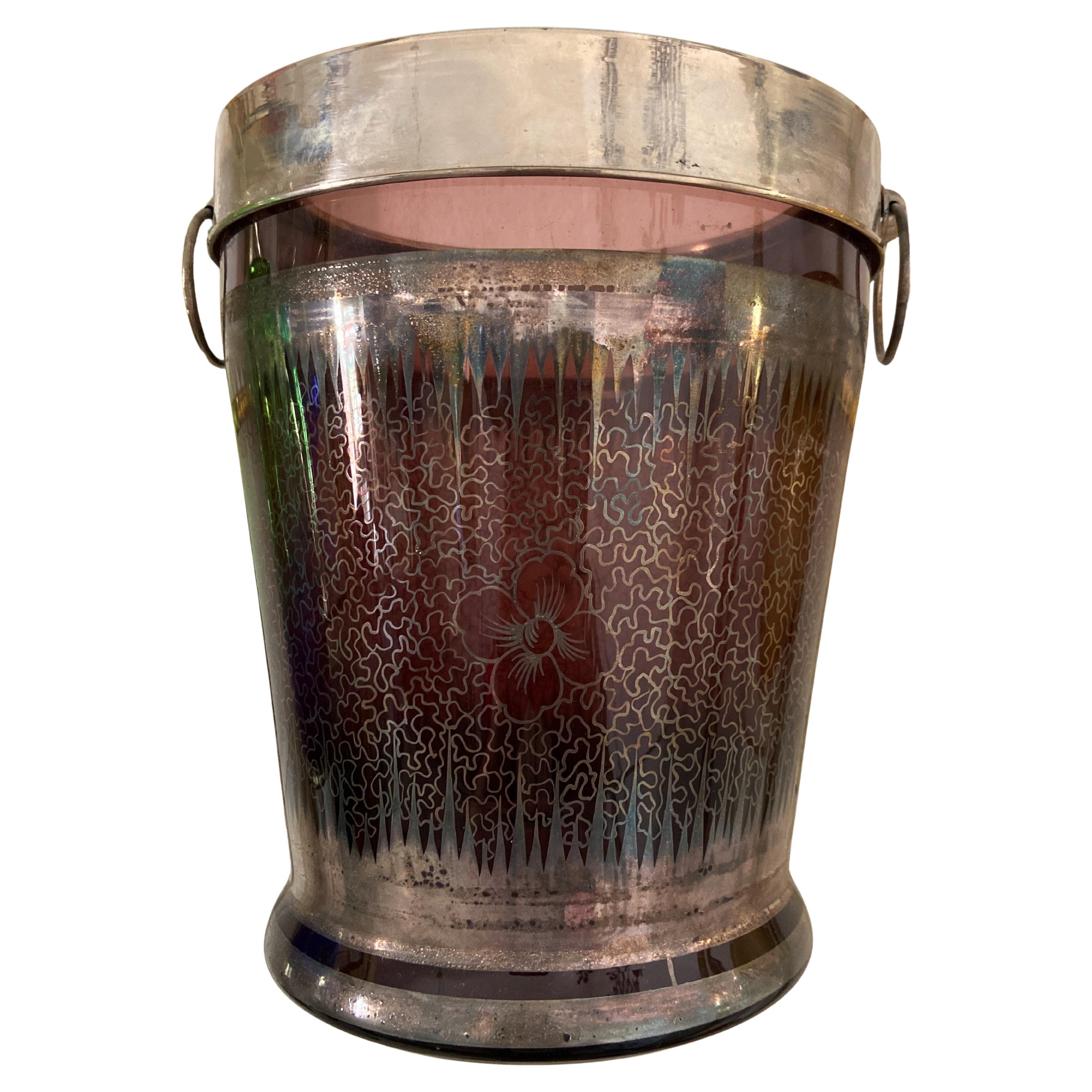 1930s Murano Glass wine cooler in Deep Purple with Hand-Painted 925 Silver For Sale