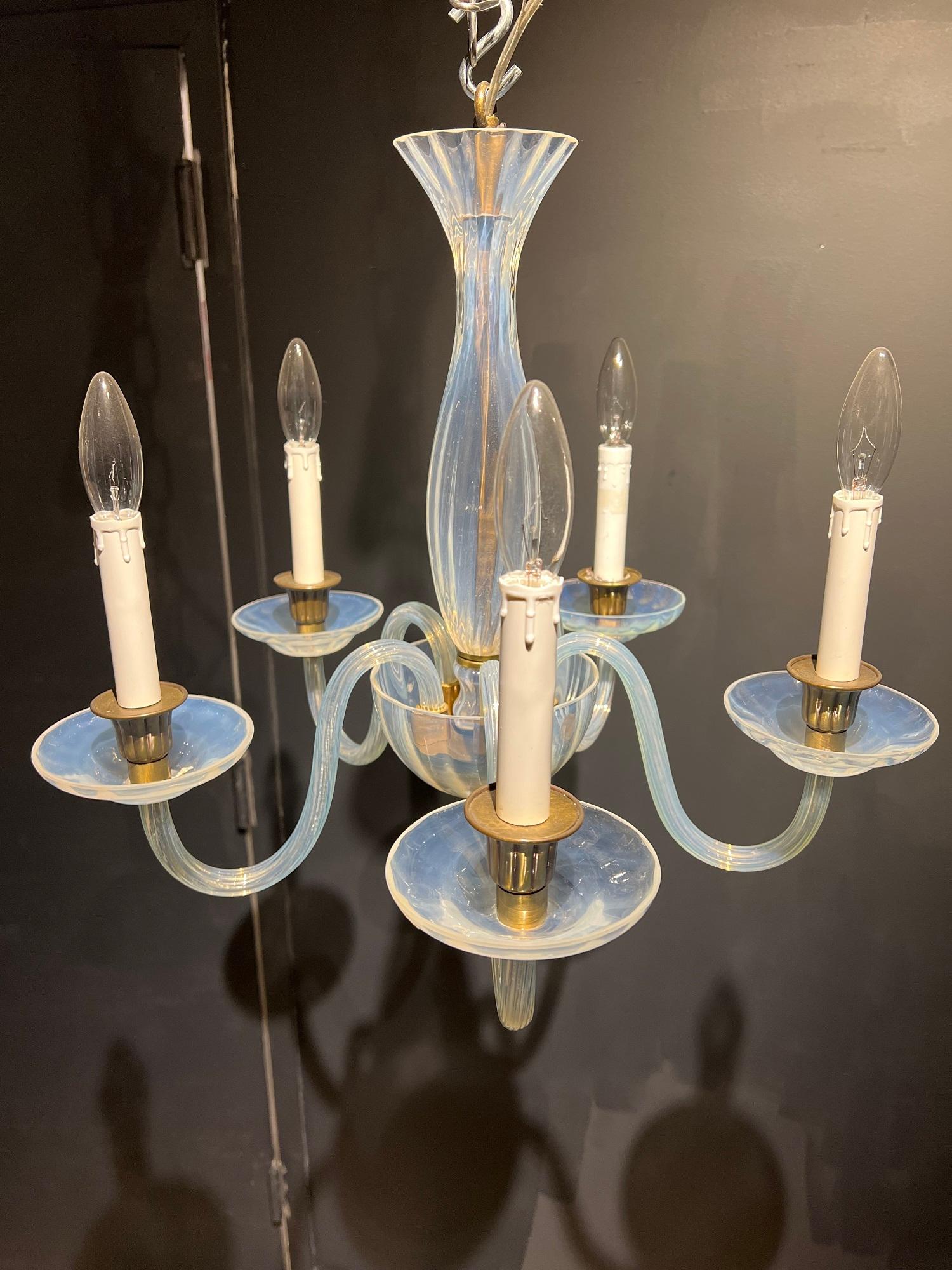 A circa 1930’s opalescent murano glass chandelier with 5 lights 
