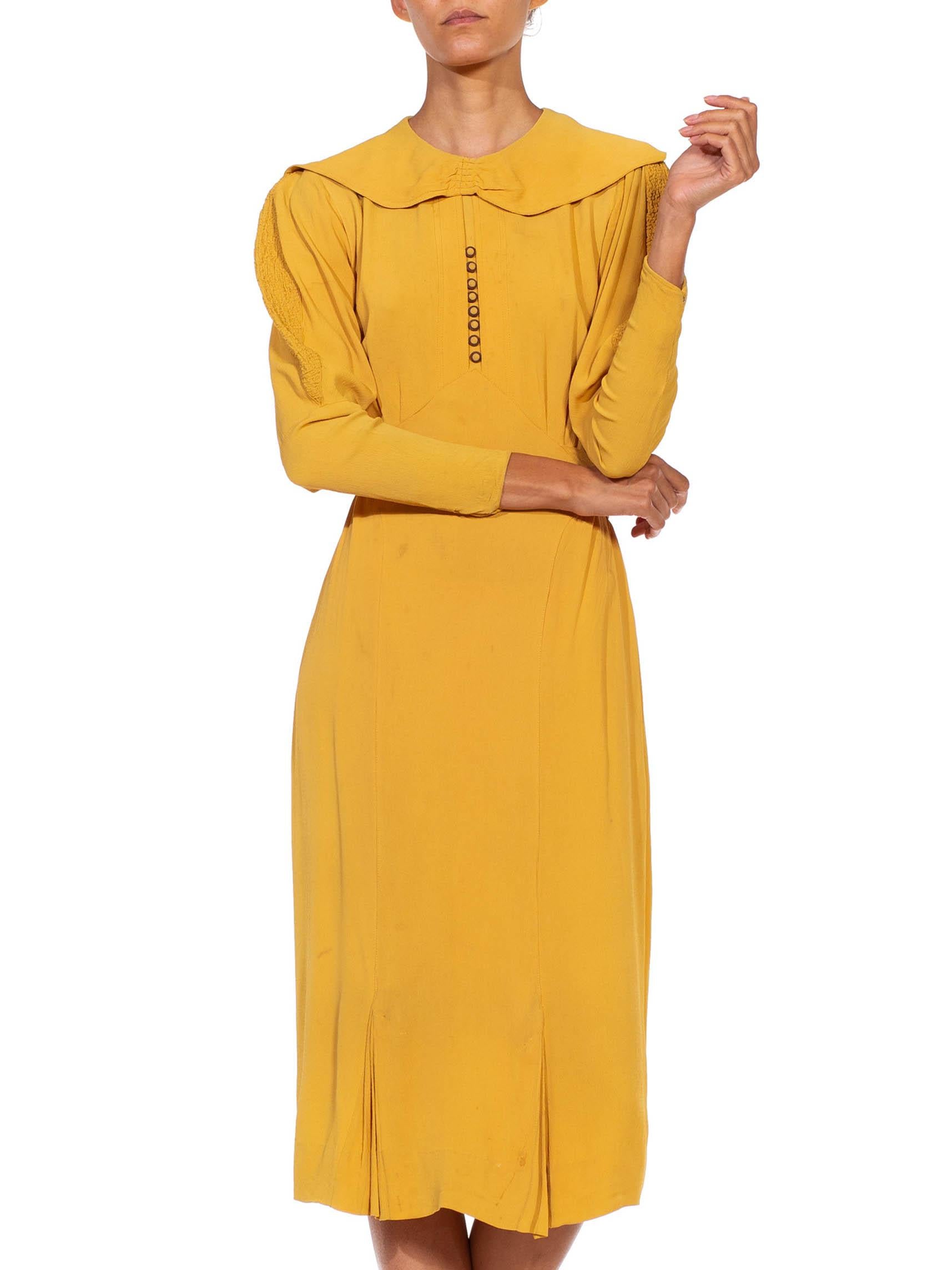 1930S Mustard Yellow Rayon Crepe Caplet Dress With Leg O Mutton Sleeves For Sale 3