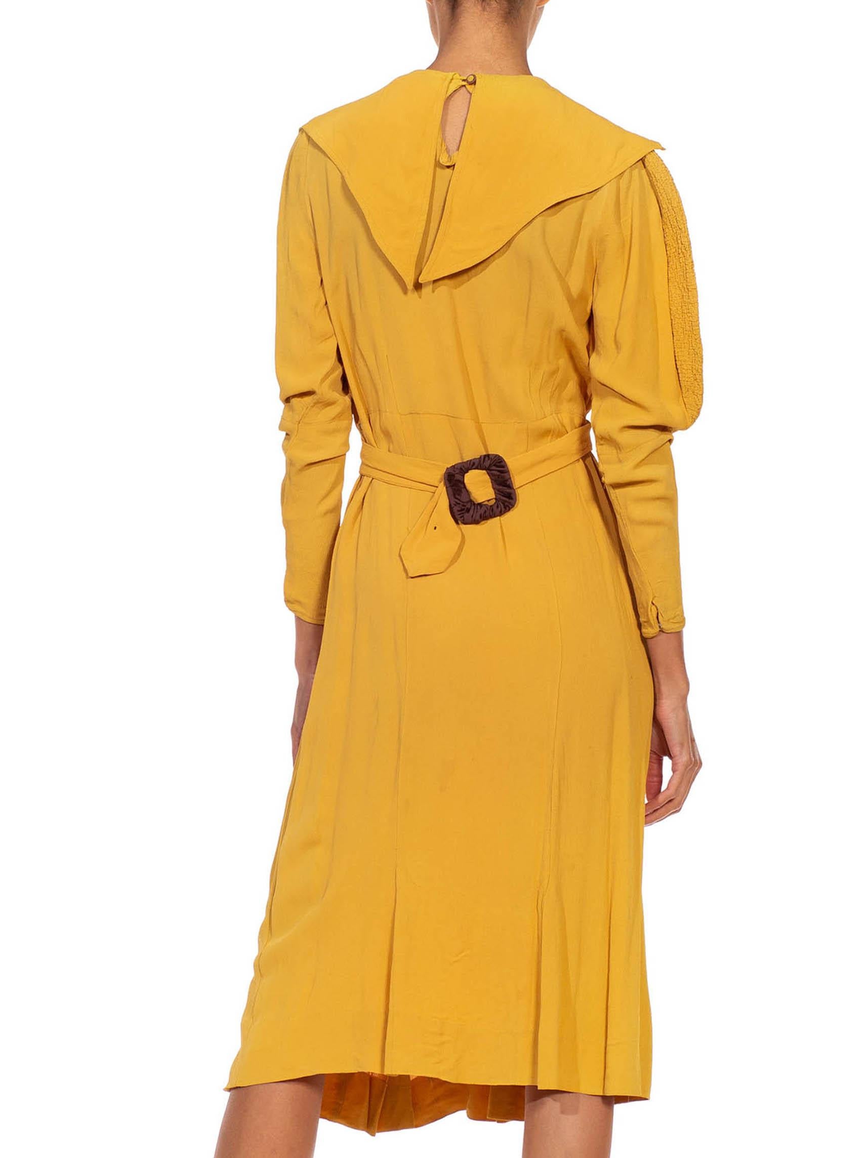 Women's 1930S Mustard Yellow Rayon Crepe Caplet Dress With Leg O Mutton Sleeves For Sale
