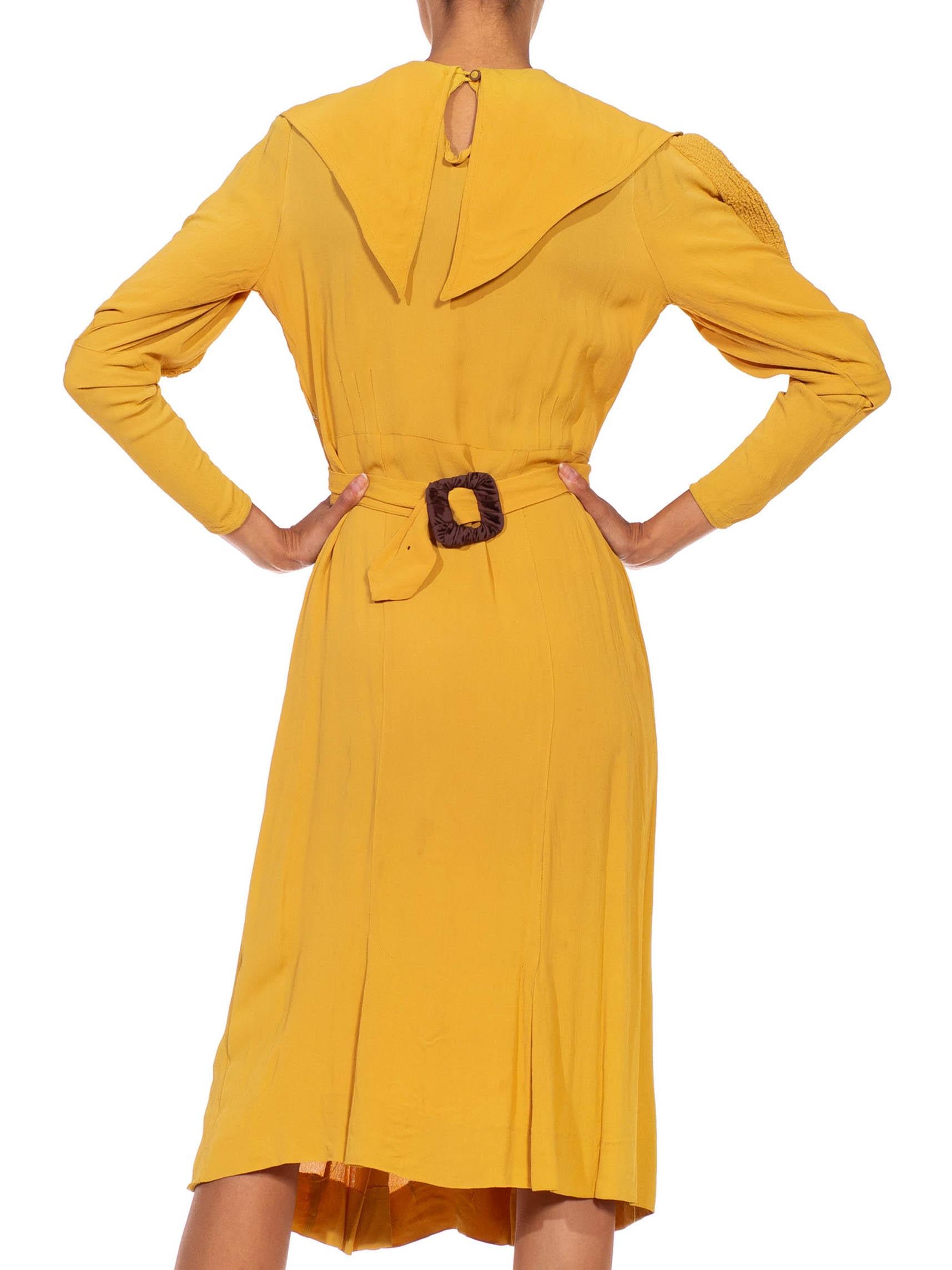 1930S Mustard Yellow Rayon Crepe Caplet Dress With Leg O Mutton Sleeves For Sale 1