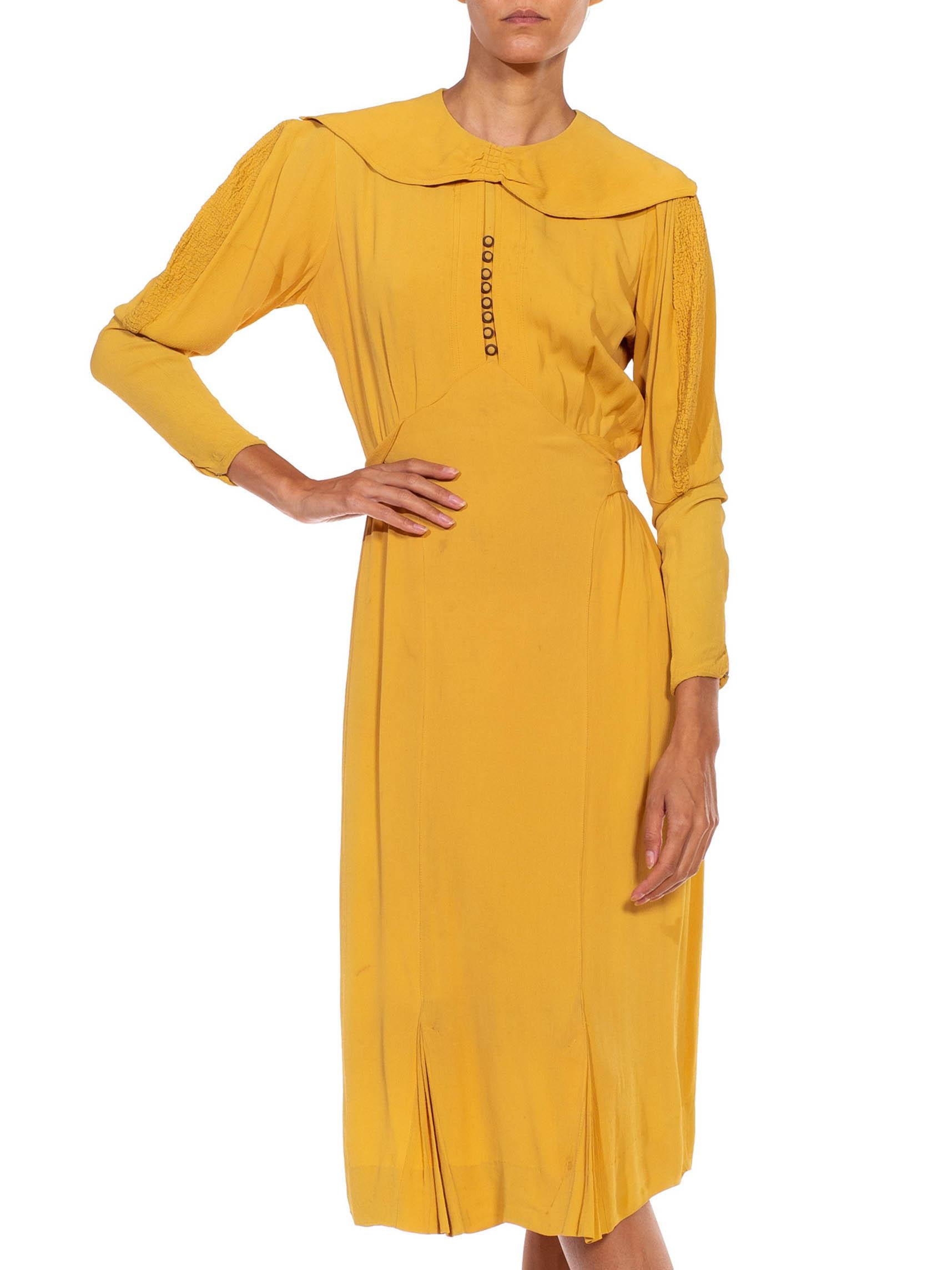 1930S Mustard Yellow Rayon Crepe Caplet Dress With Leg O Mutton Sleeves For Sale 2