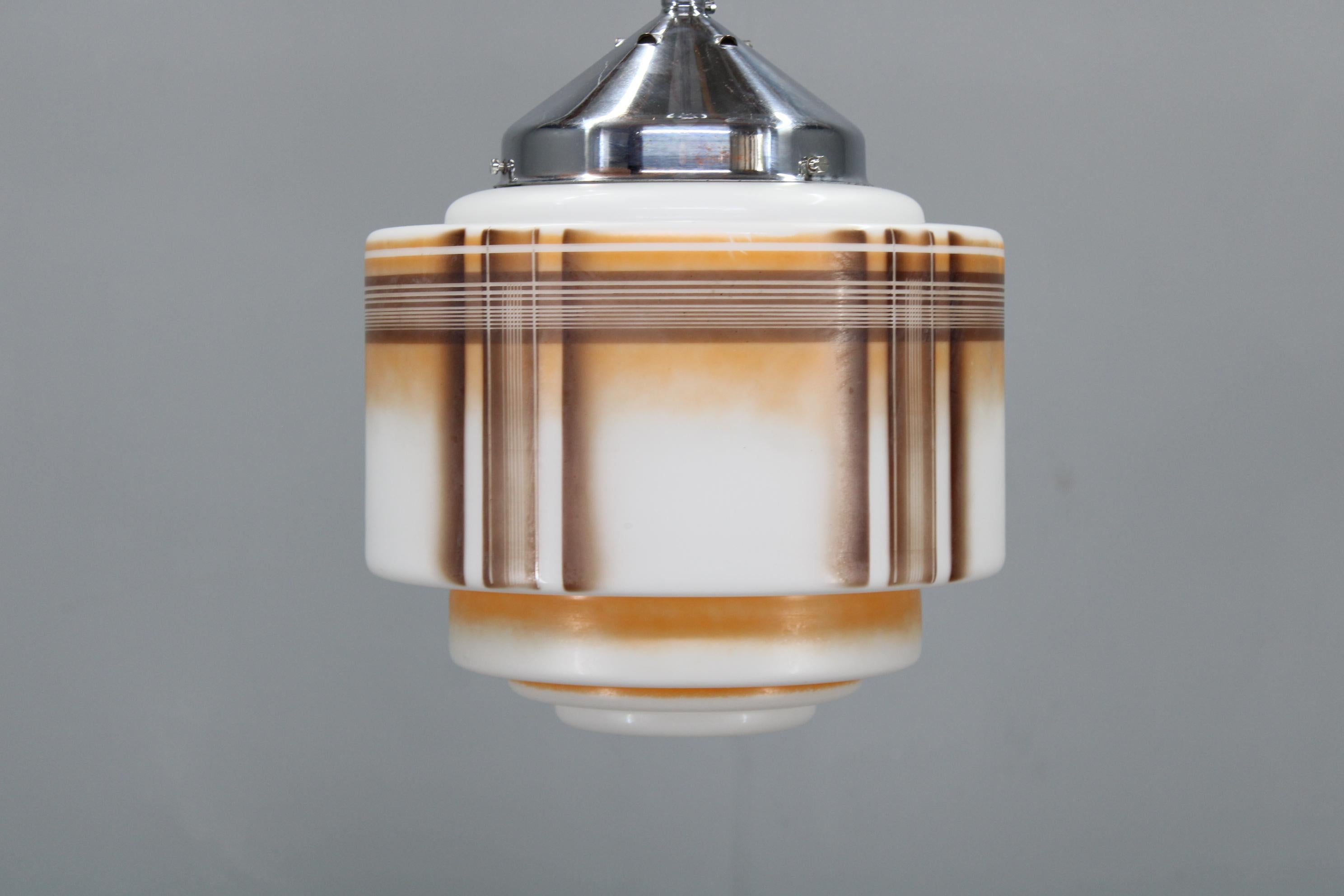 Czech 1930s NAPAKO Art Deco Pendant Light in Chrome and Glass, Restored, New Wiring For Sale
