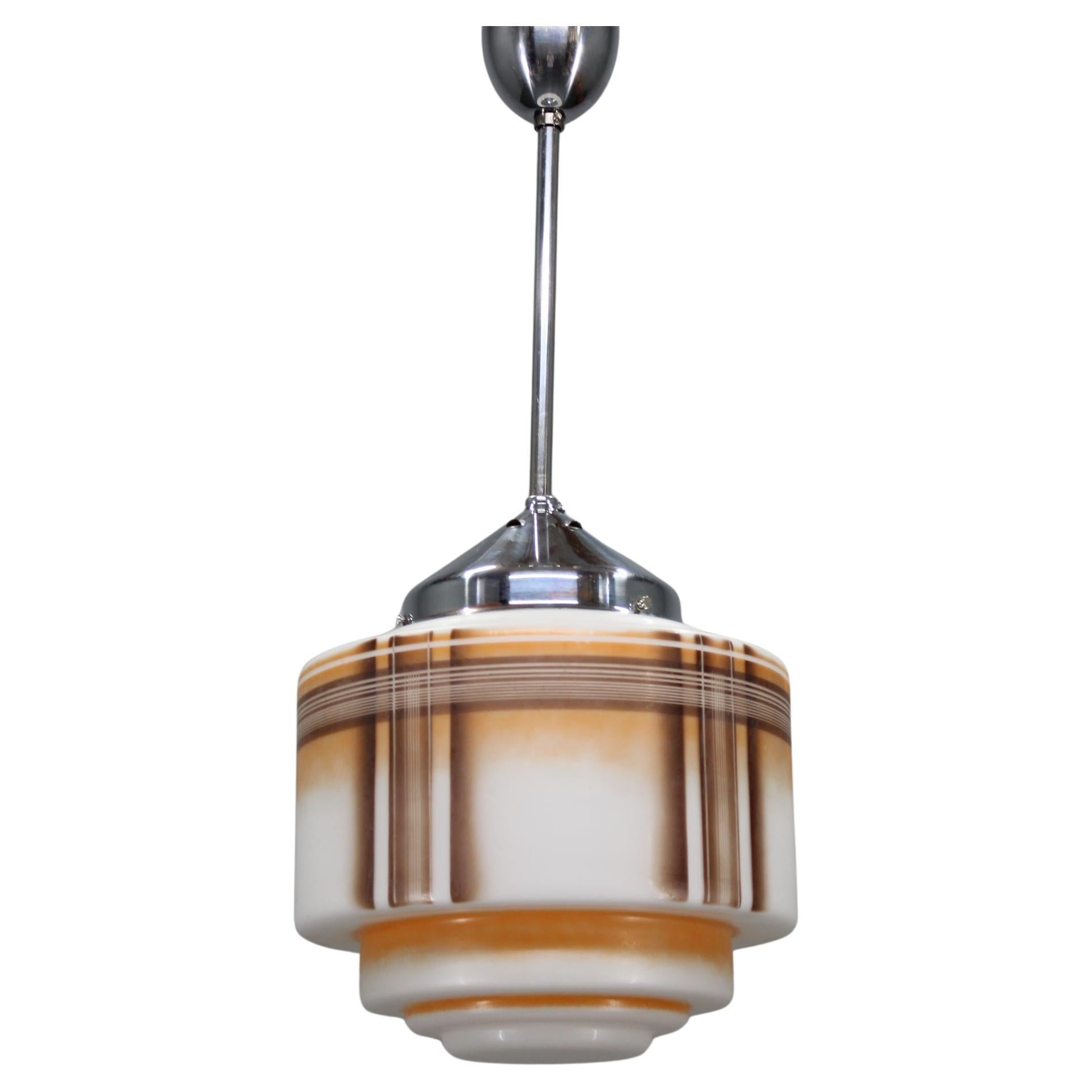 1930s NAPAKO Art Deco Pendant Light in Chrome and Glass, Restored, New Wiring For Sale