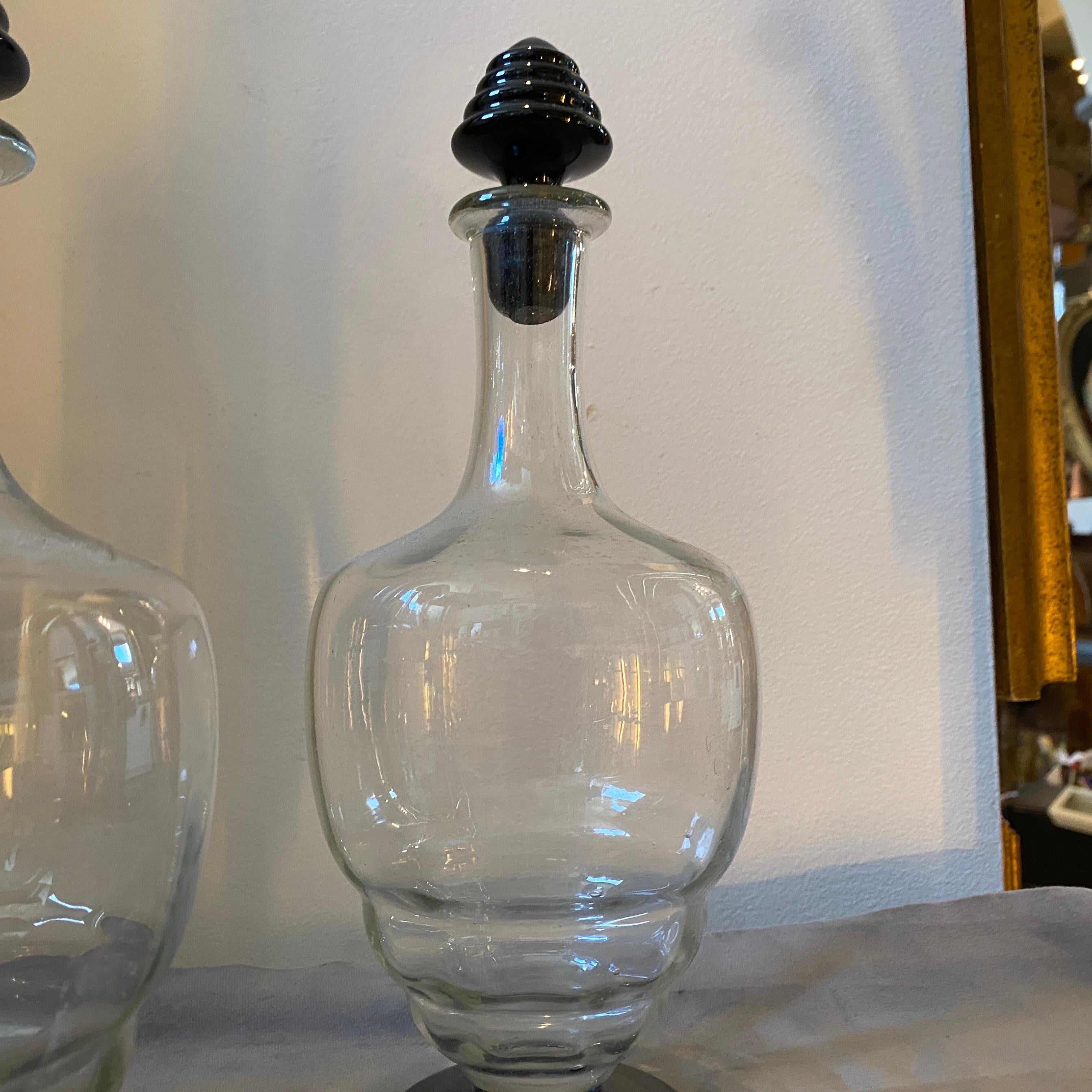 Italian 1930s Napoleone Martinuzzi Style Set of Two Art Deco Murano Glass Bottles For Sale