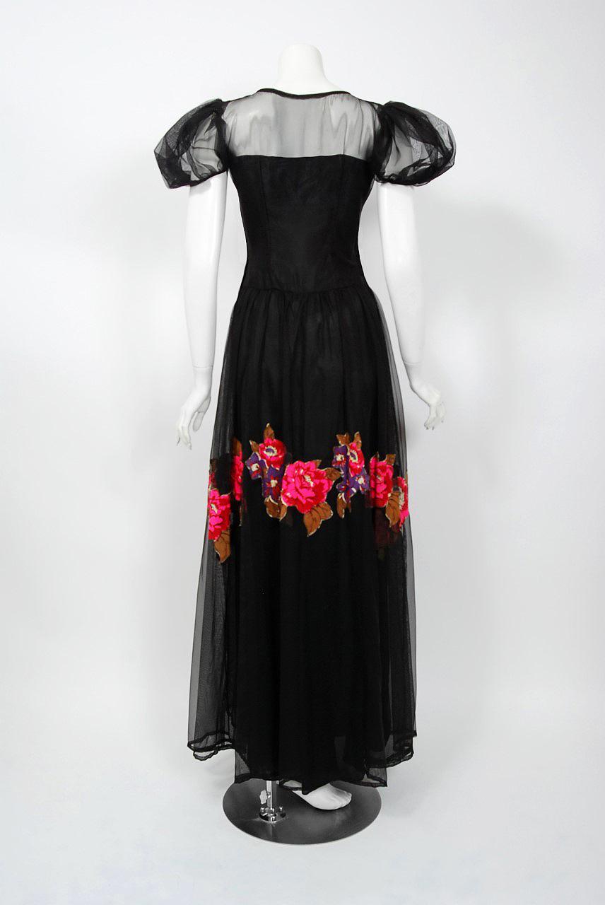 Black Vintage 1930's Nat Cantor Floral Applique Net-Tulle Illusion Puff Sleeve Gown