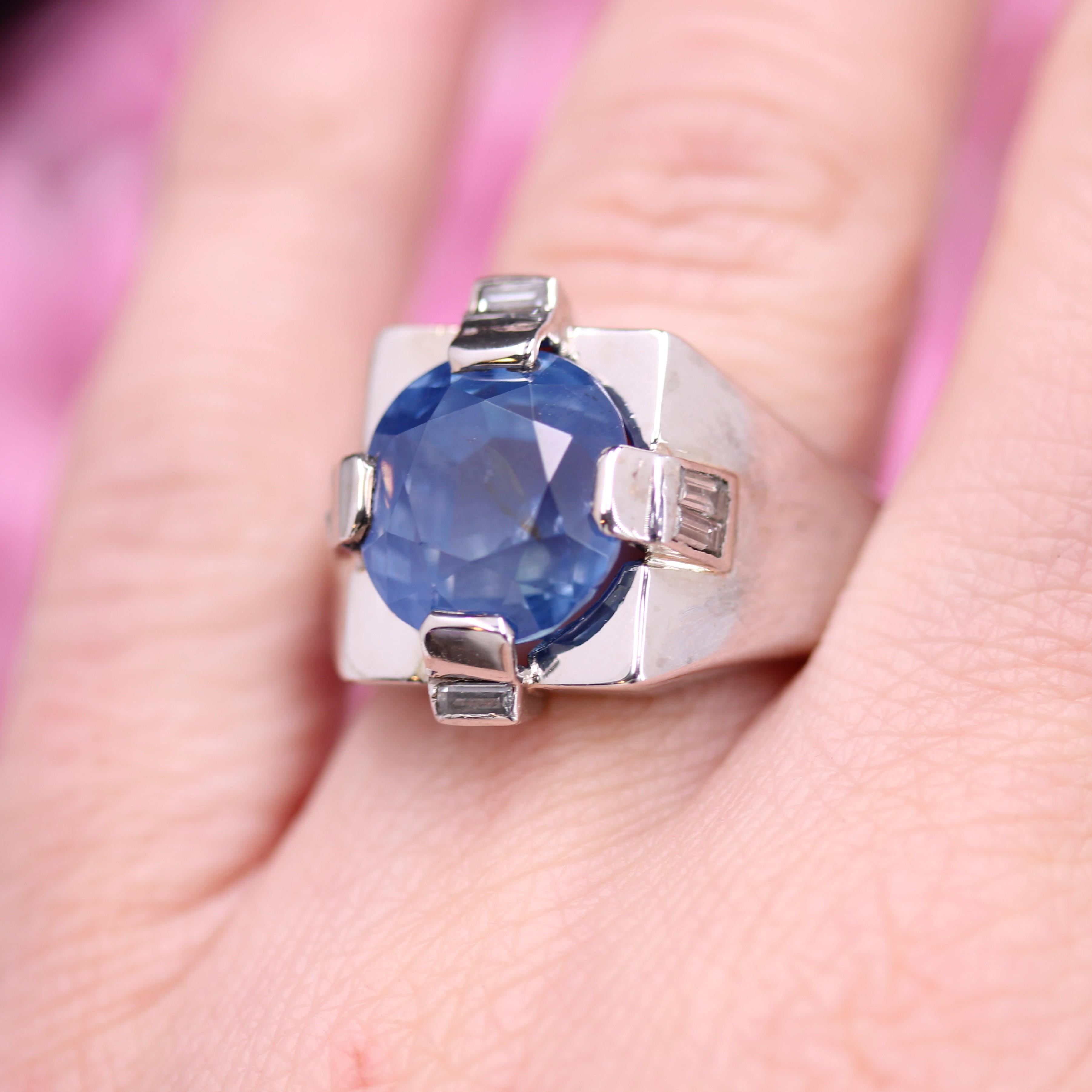 1930s Natural 9.36 Carat Ceylon Sapphire Diamond Art Deco Signet Ring For Sale 13