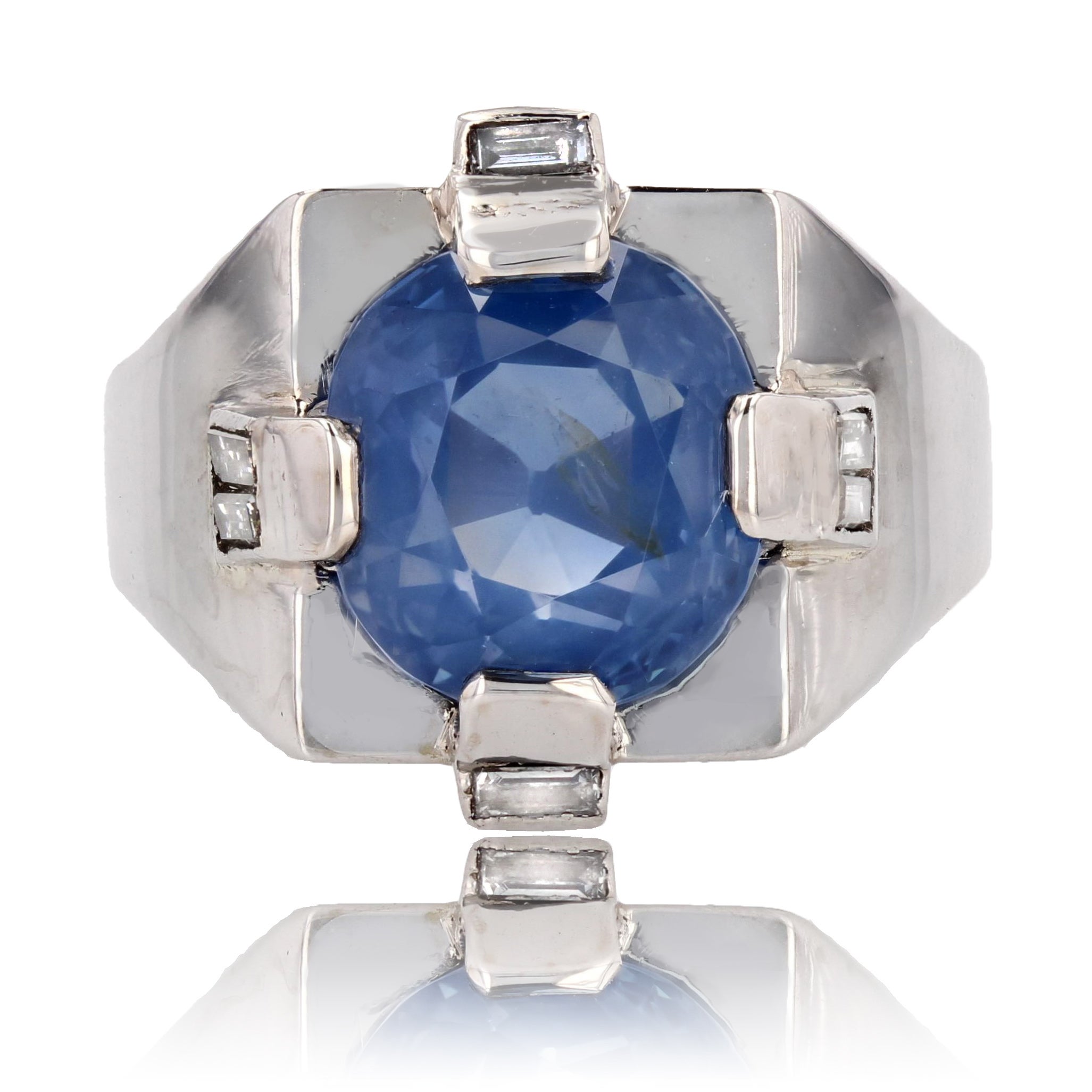 1930s Natural 9.36 Carat Ceylon Sapphire Diamond Art Deco Signet Ring For Sale