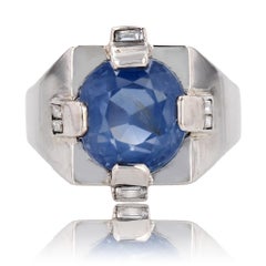 1930s Natural 9.36 Carat Ceylon Sapphire Diamond Art Deco Signet Ring