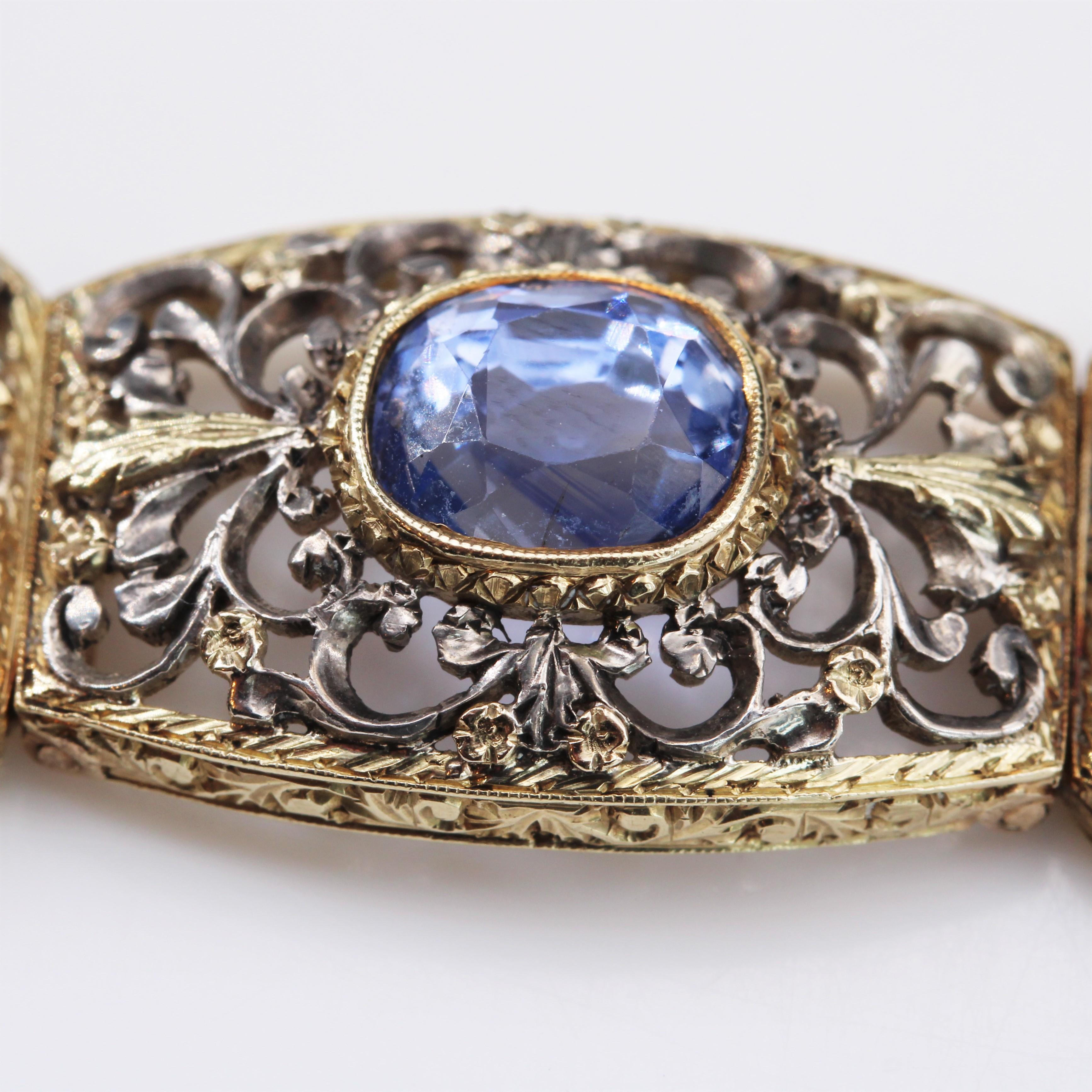 1930s Natural Ceylon Sapphires and Diamonds 18 Karat Yellow Gold Bracelet For Sale 1