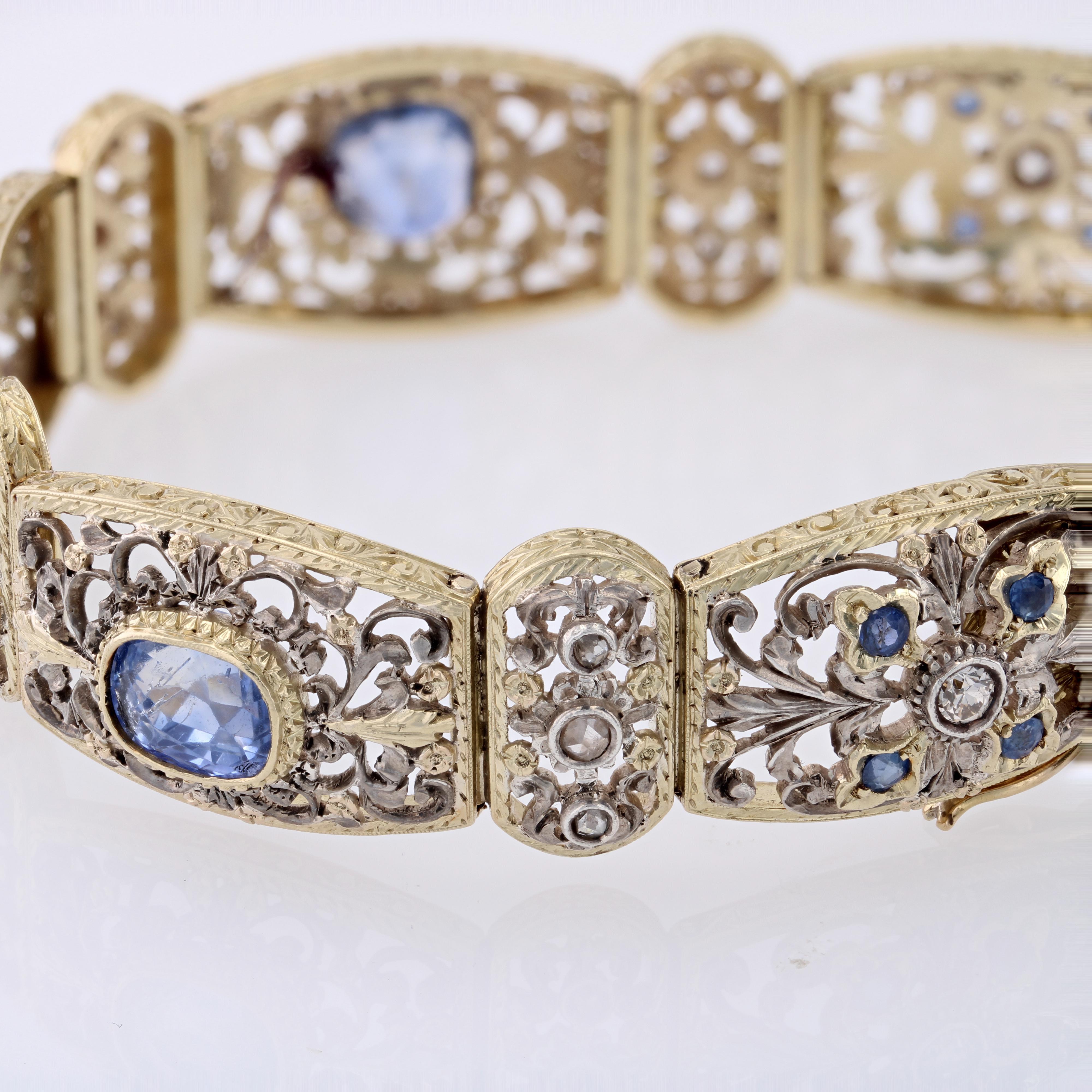 1930s Natural Ceylon Sapphires and Diamonds 18 Karat Yellow Gold Bracelet For Sale 5