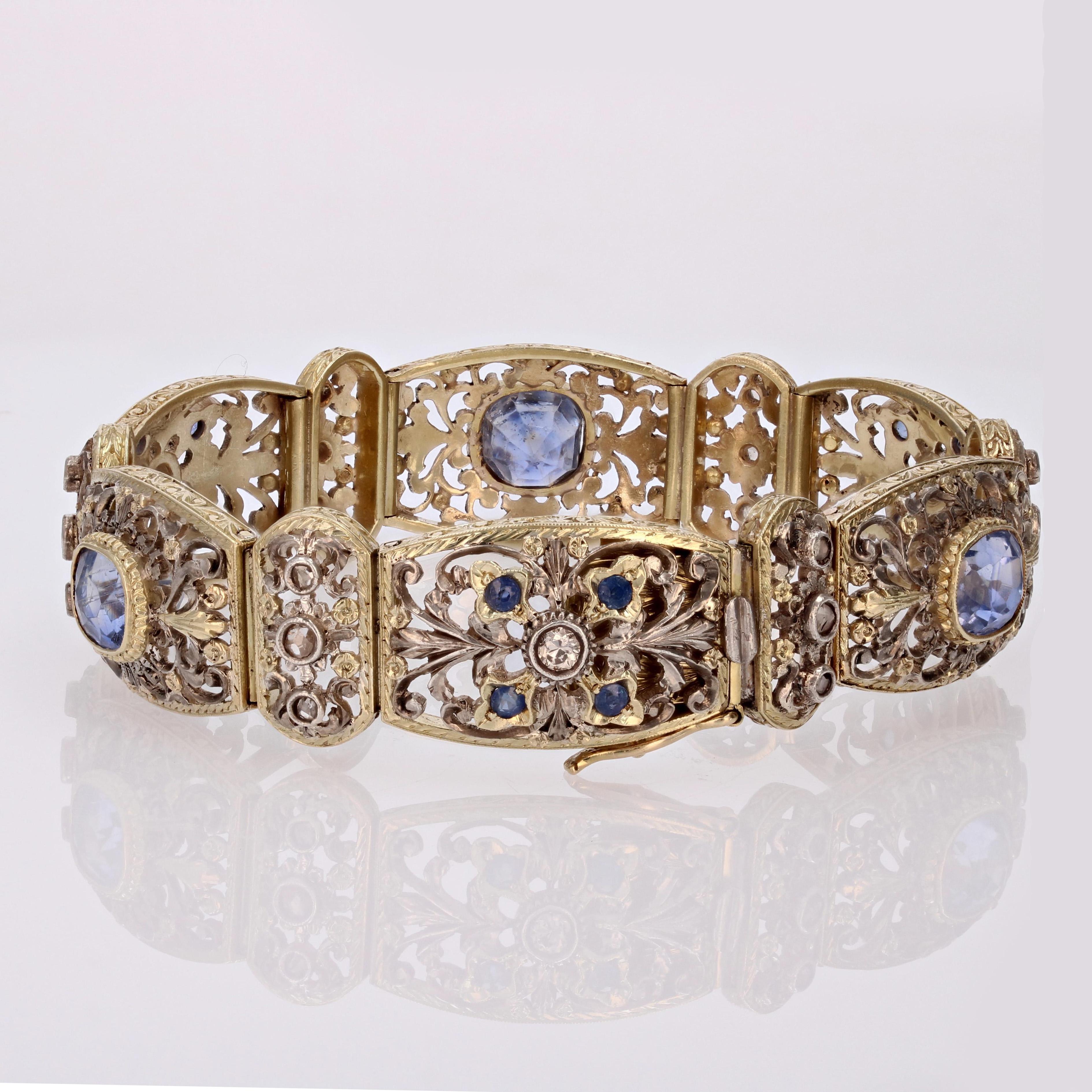 1930s Natural Ceylon Sapphires and Diamonds 18 Karat Yellow Gold Bracelet For Sale 6