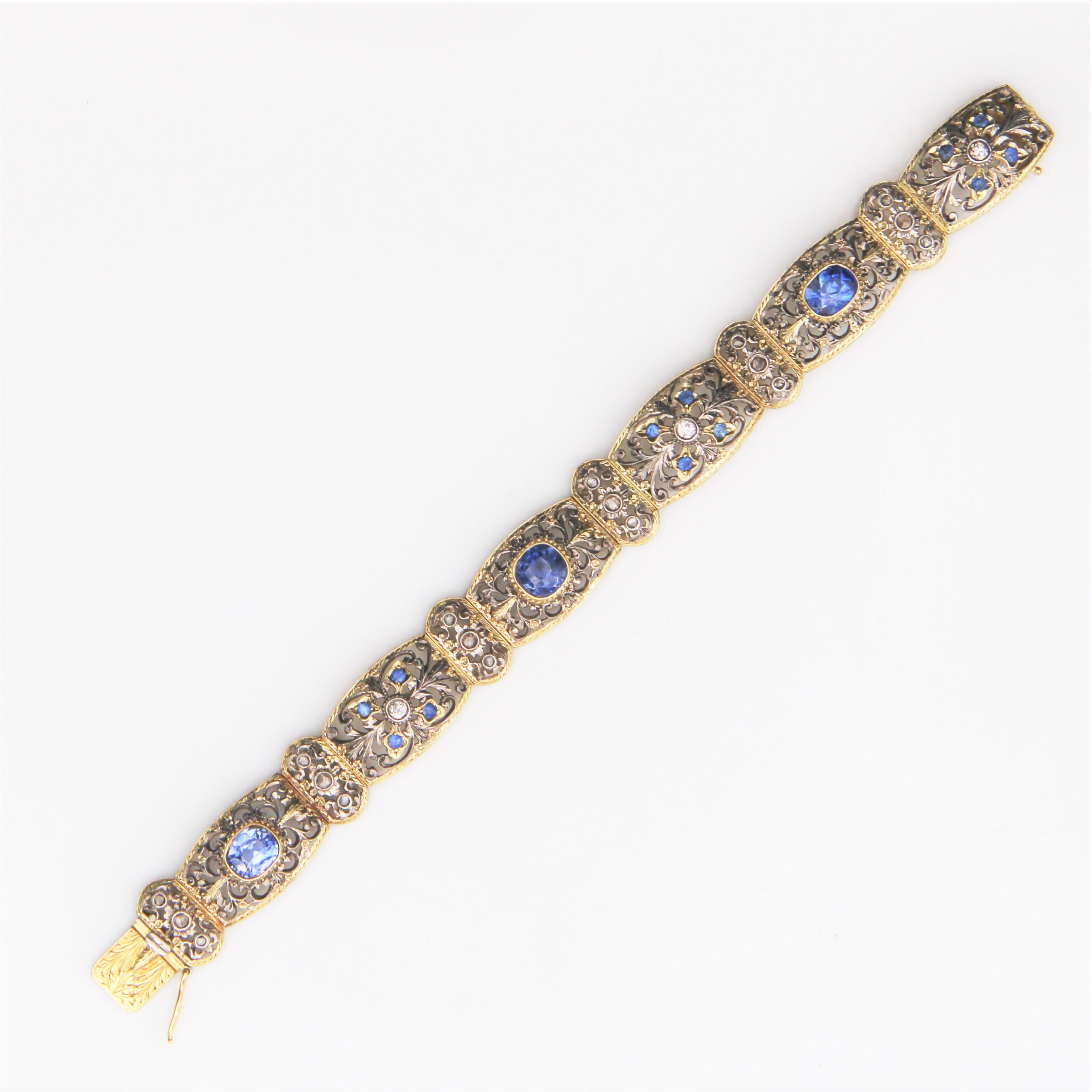 Brilliant Cut 1930s Natural Ceylon Sapphires and Diamonds 18 Karat Yellow Gold Bracelet For Sale