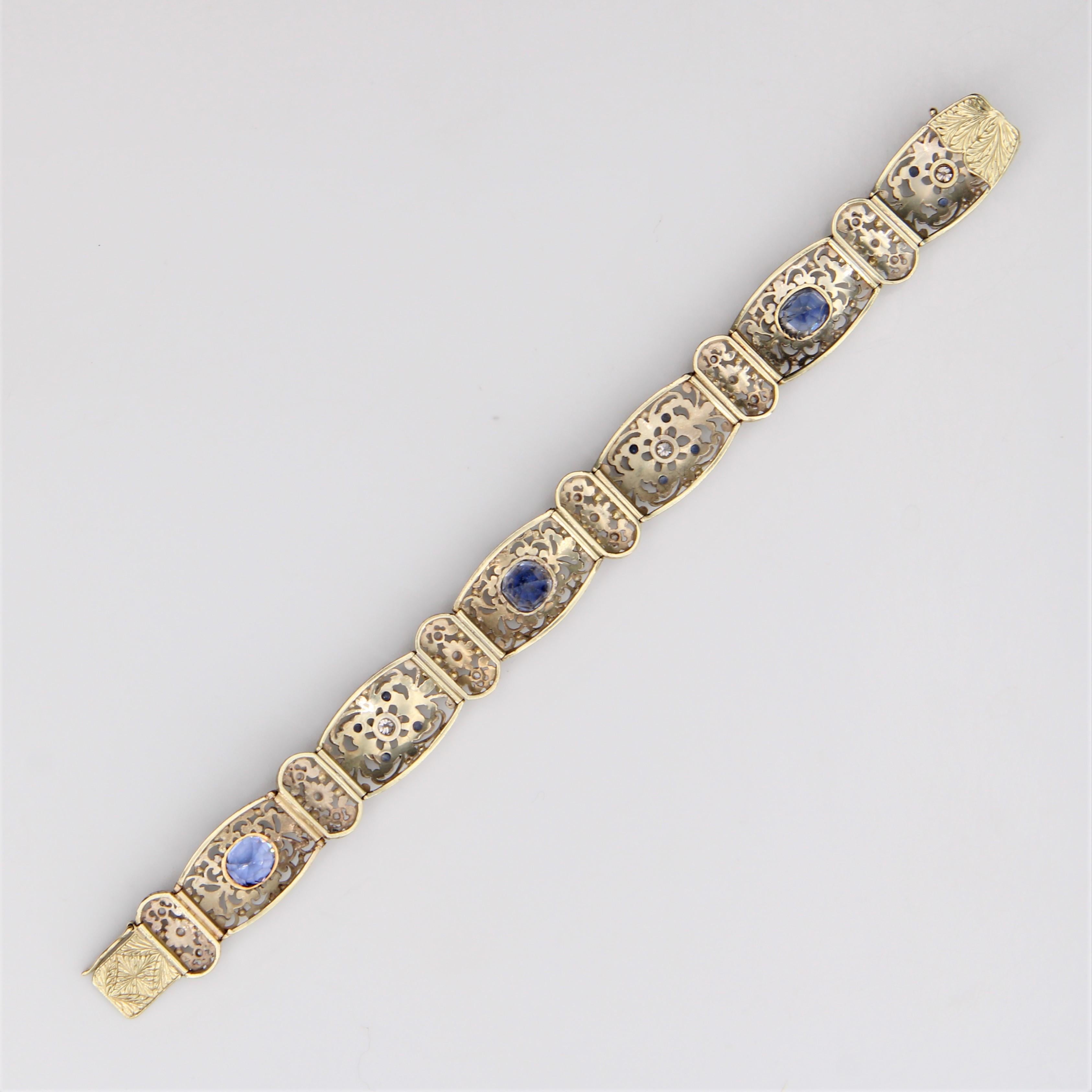 1930s Natural Ceylon Sapphires and Diamonds 18 Karat Yellow Gold Bracelet In Excellent Condition For Sale In Poitiers, FR