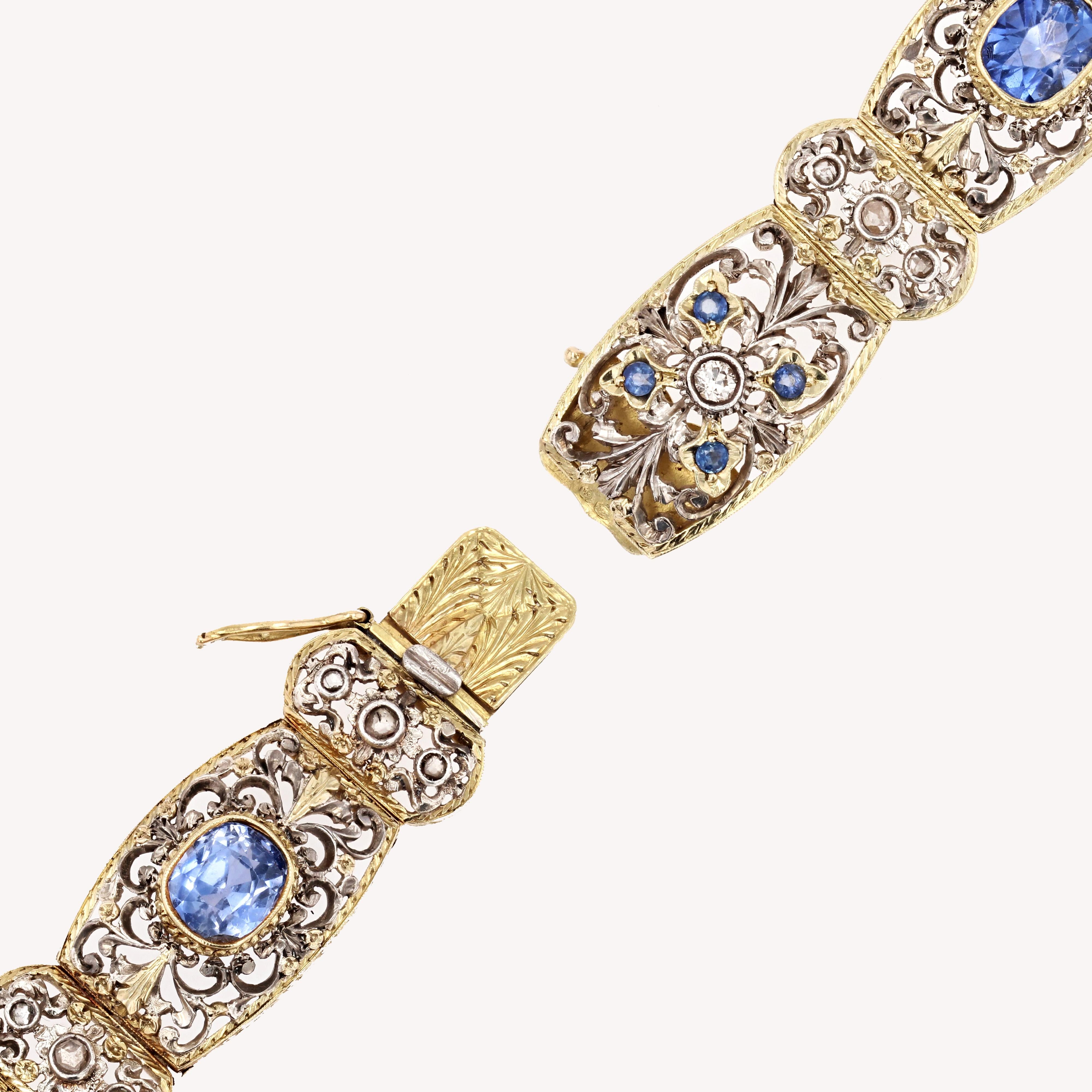 Women's 1930s Natural Ceylon Sapphires and Diamonds 18 Karat Yellow Gold Bracelet For Sale