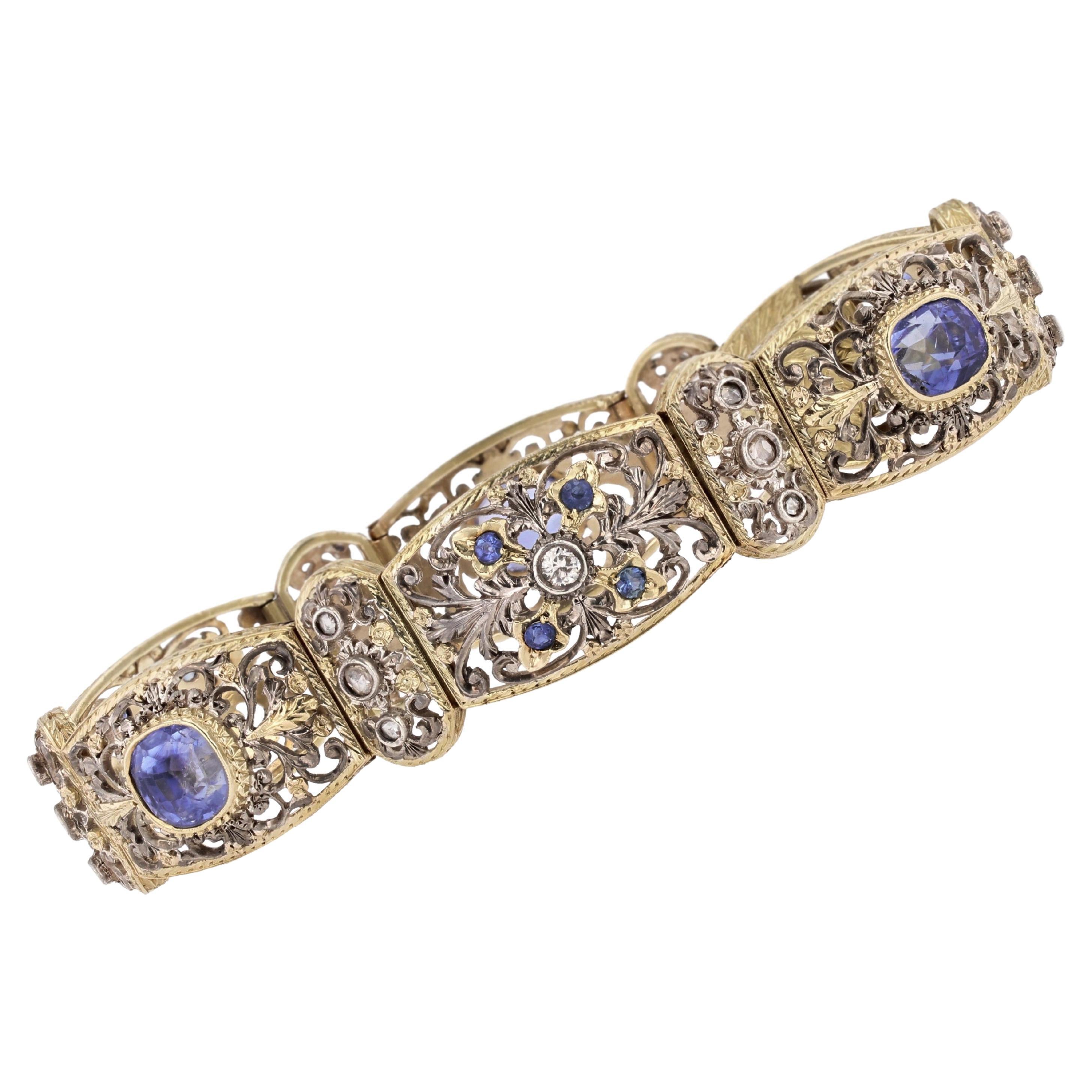 1930s Natural Ceylon Sapphires and Diamonds 18 Karat Yellow Gold Bracelet For Sale