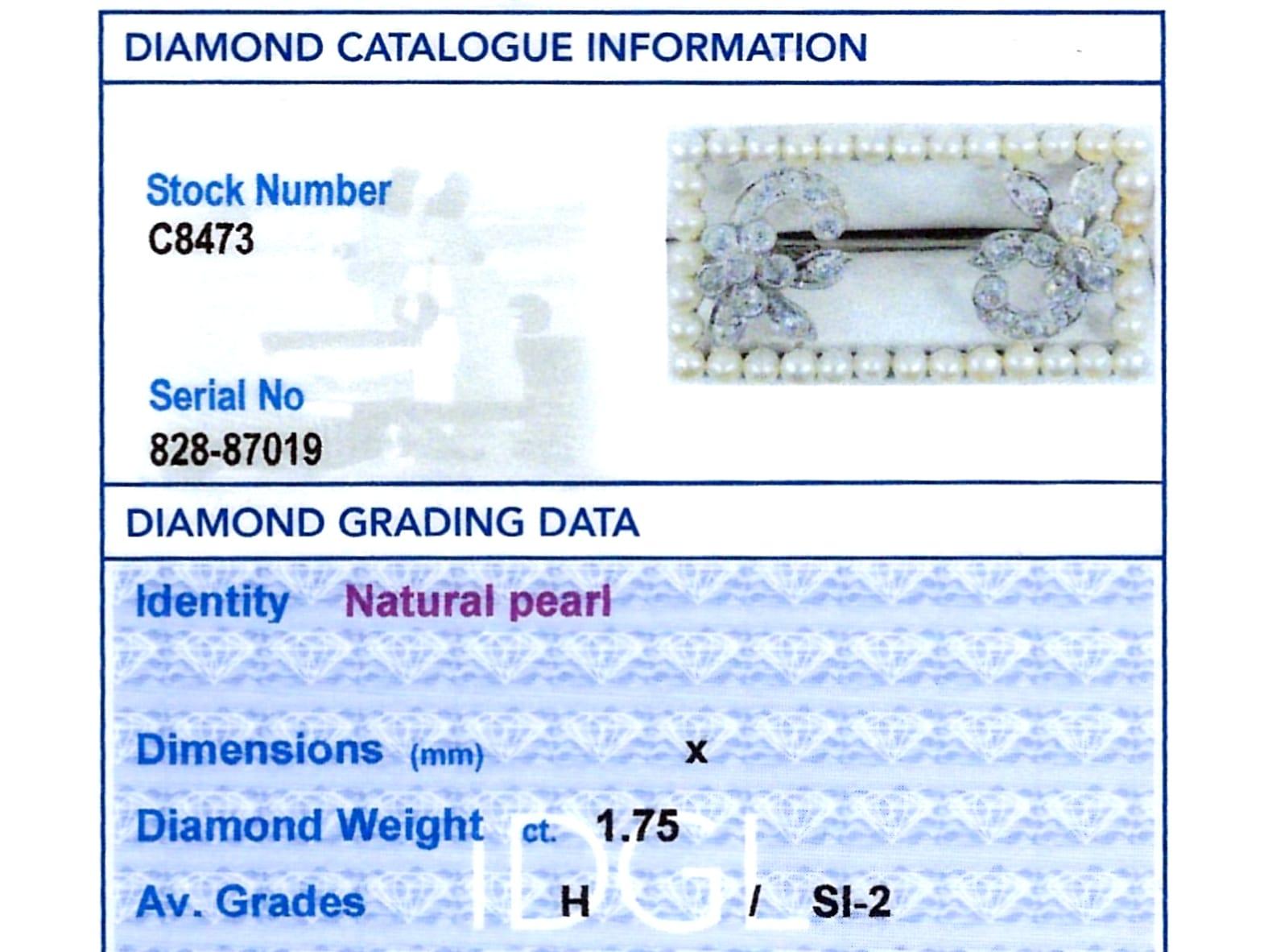 1930er Jahre Naturperle und 1,75ct Diamant und 17ct Weißgold Brosche im Angebot 4