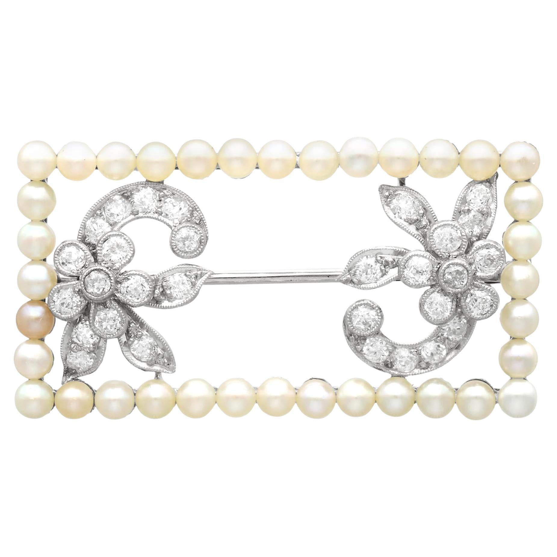 1930s Natural Pearl and 1.75ct Diamond and 17ct White Gold Brooch For Sale