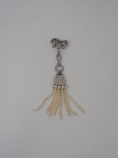 1930s Natural Pearl Diamond Platinum Tassel Brooch Pendant