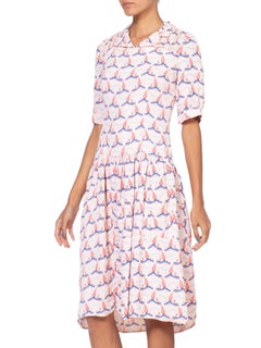 1930'S Baby Pink Rayon Crepe Nautical Anchor Art Deco Print Dress