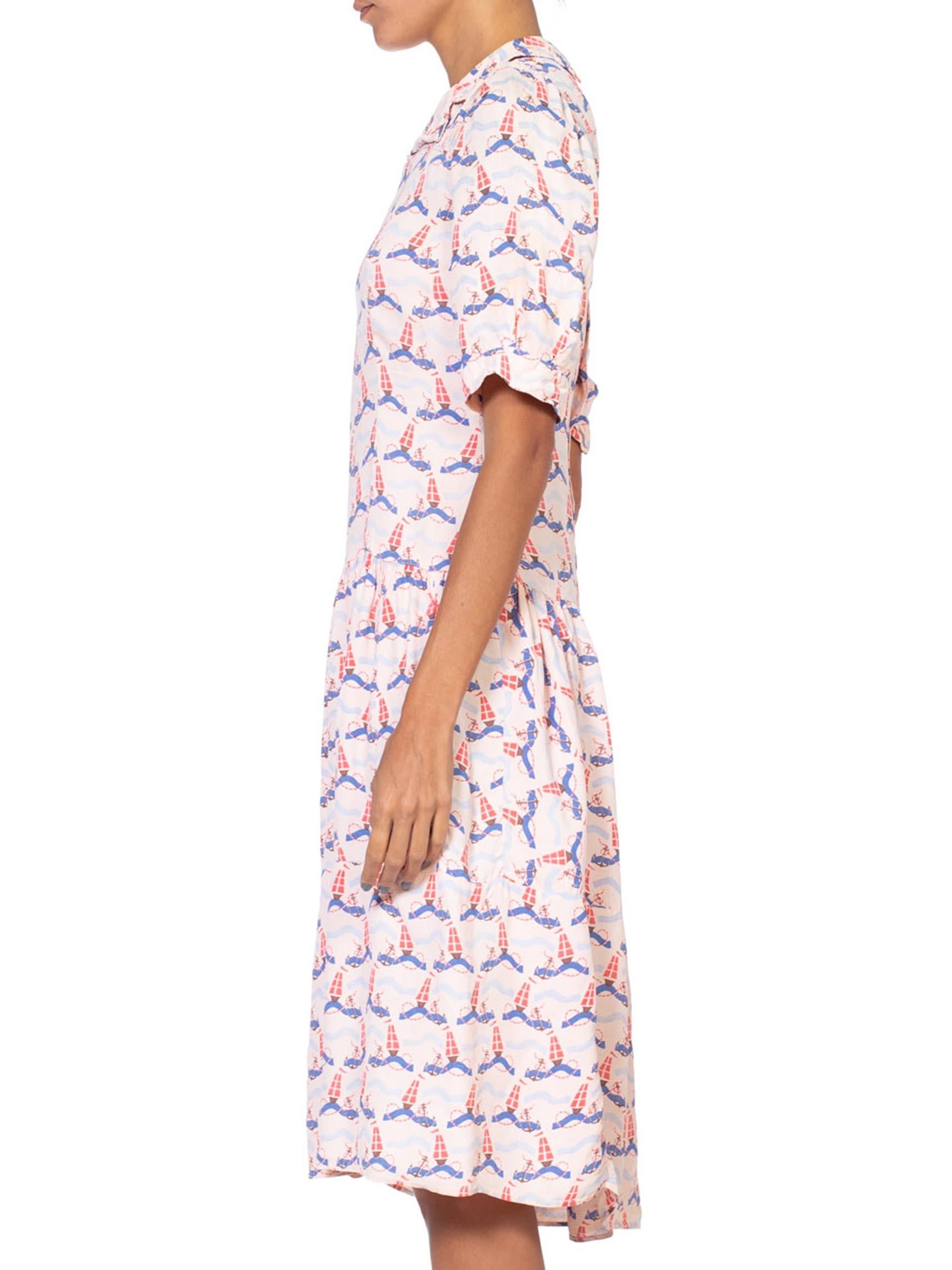 1930'S Baby Pink Rayon Crepe Nautical Anchor Art Deco Print Dress In Excellent Condition For Sale In New York, NY