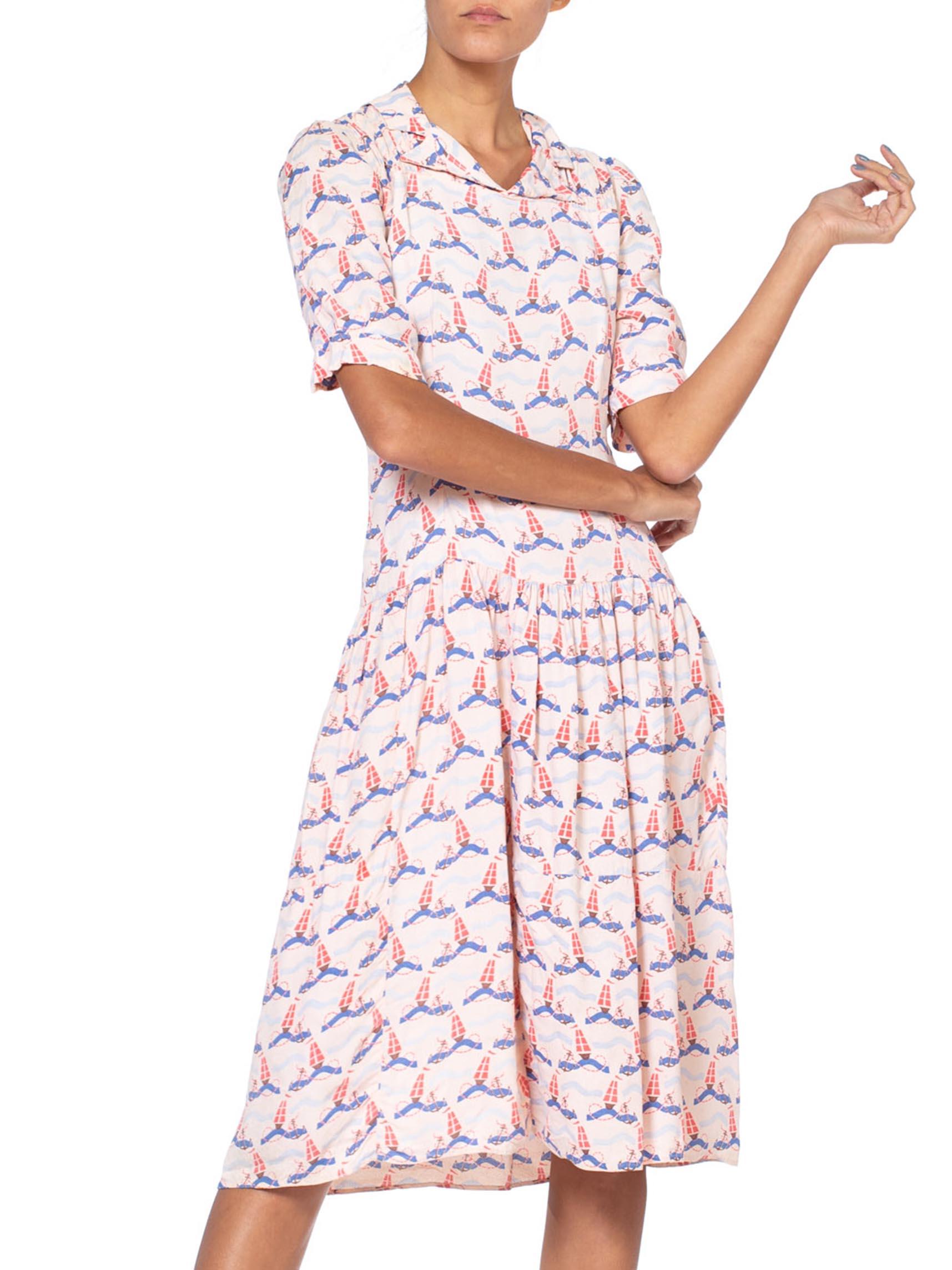 Women's 1930'S Baby Pink Rayon Crepe Nautical Anchor Art Deco Print Dress For Sale