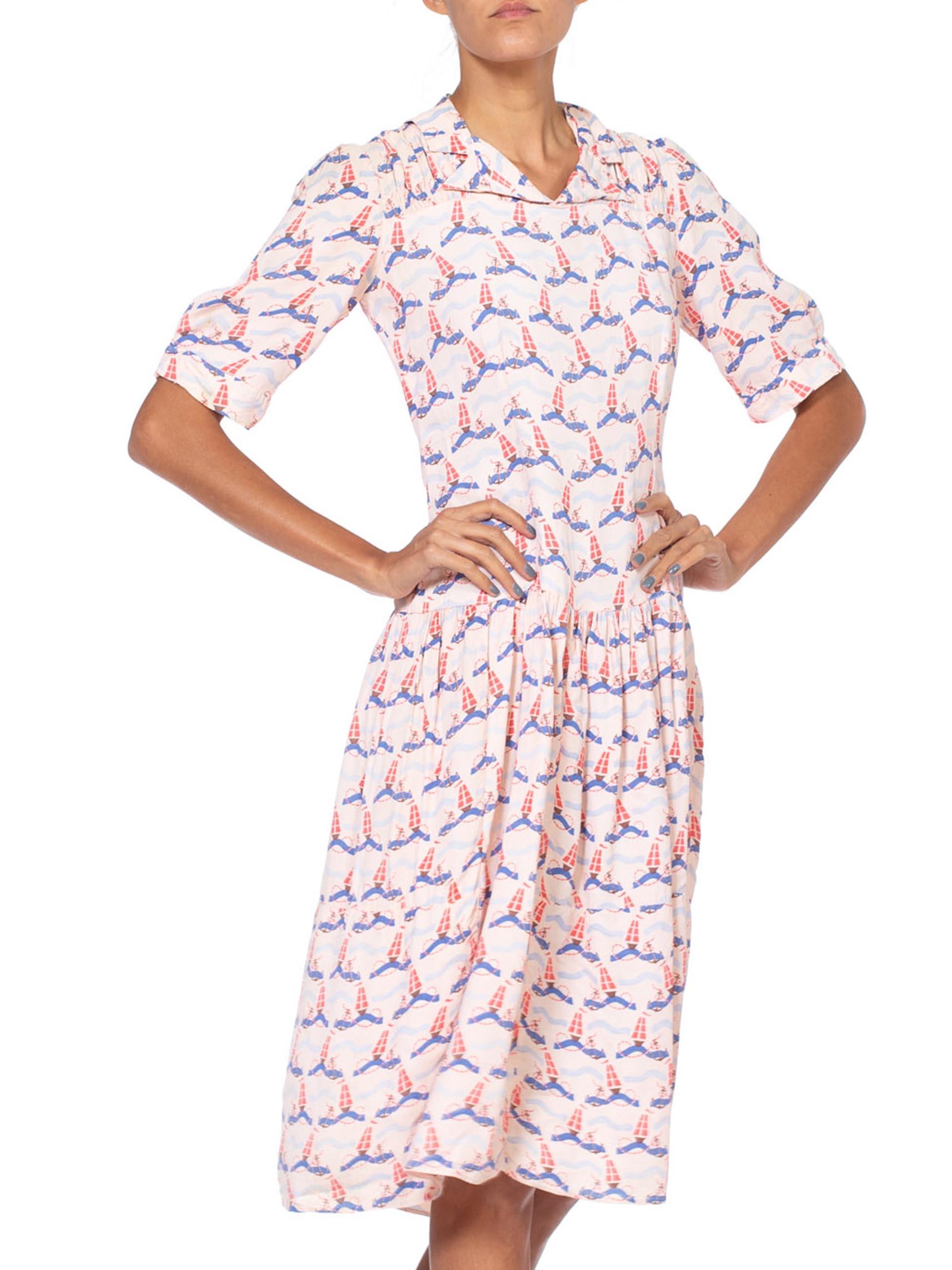 1930'S Baby Pink Rayon Crepe Nautical Anchor Art Deco Print Dress For Sale 1