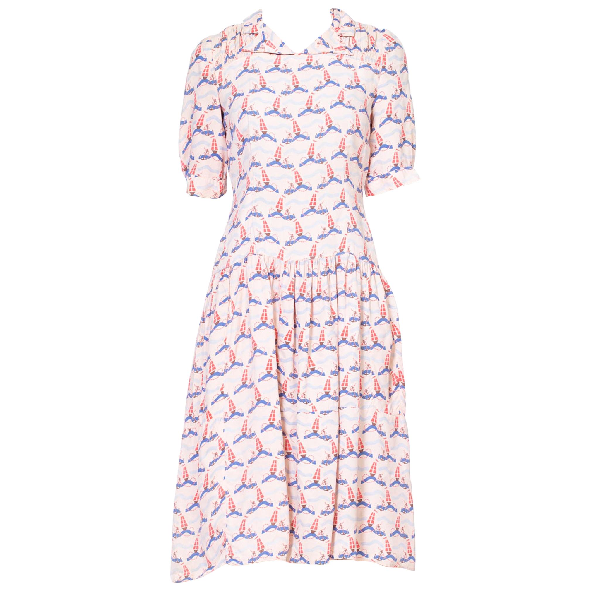 1930'S Baby Pink Rayon Crepe Nautical Anchor Art Deco Print Dress For Sale