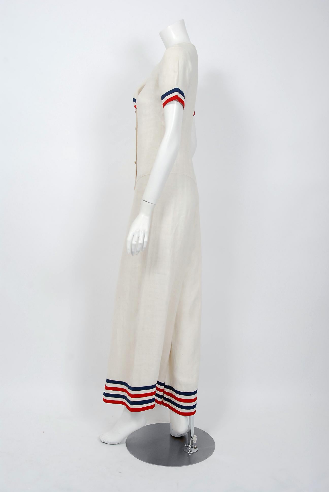 Gray 1930's Nautical Sailor Stripe Ivory Linen Art Deco Wide-Lapel Culotte Jumpsuit